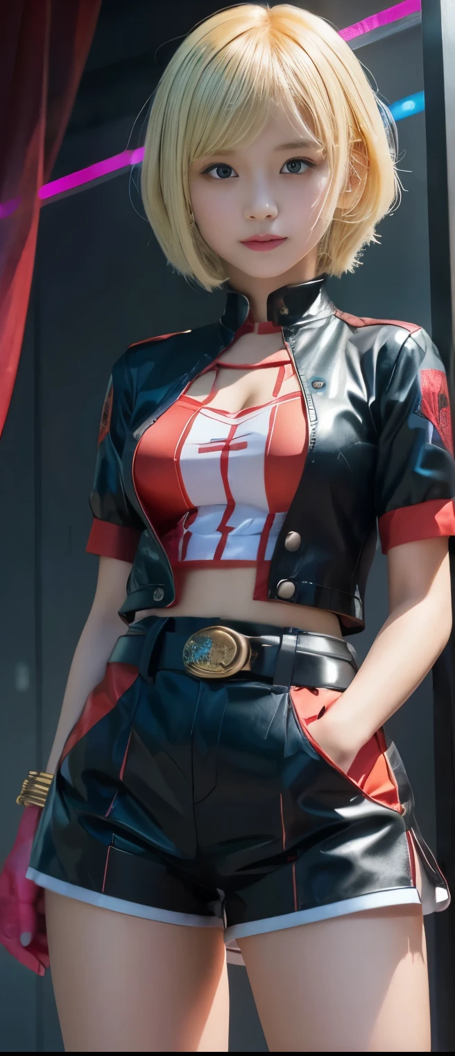 pure cyberpunk idol girl( Blonde short hair )、A pure girl's face、 hypo、red and blue spider shorts uniform、Puppet belt、standing on a glowing spider web