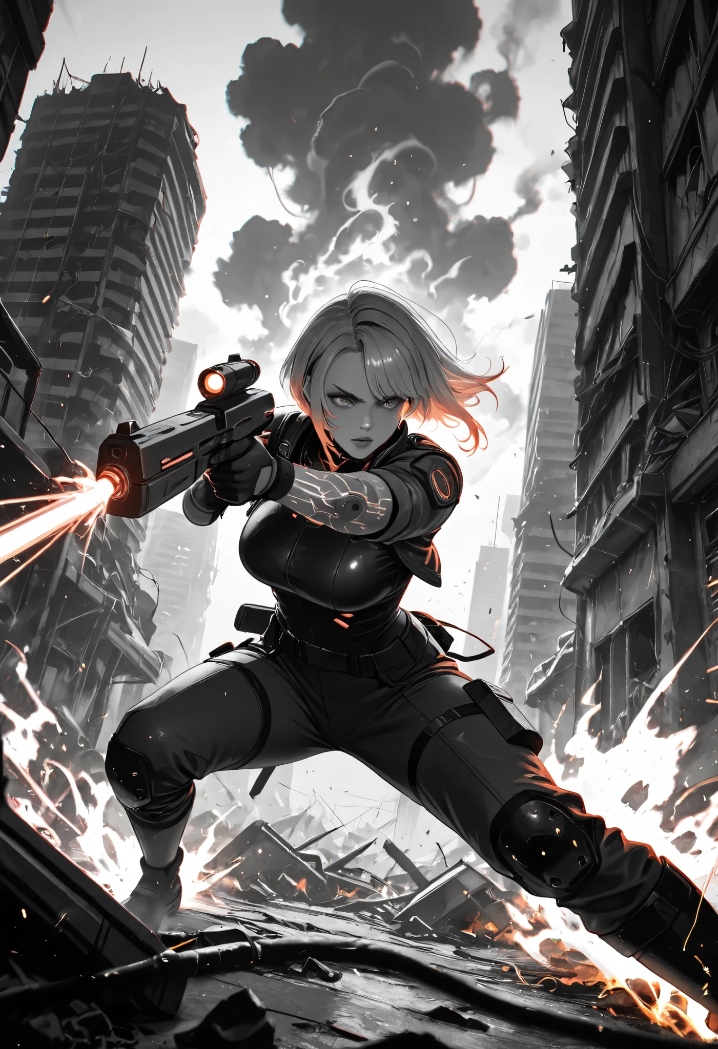 monochrome, black and white, line art, a cyberpunk city turned into a battlefield, beautiful and lovely female warriors fighting with laser guns, flames, smoke, ruins, speed lines, motion blur, action blur, highly detailed, sharp focus, vivid colors, soft lighting, cinematic composition, extremely delicate depiction, extremely clear image, 2.5D, artistic photography, hyper realistic, ultra detailed, absolutely resolution, masterpiece