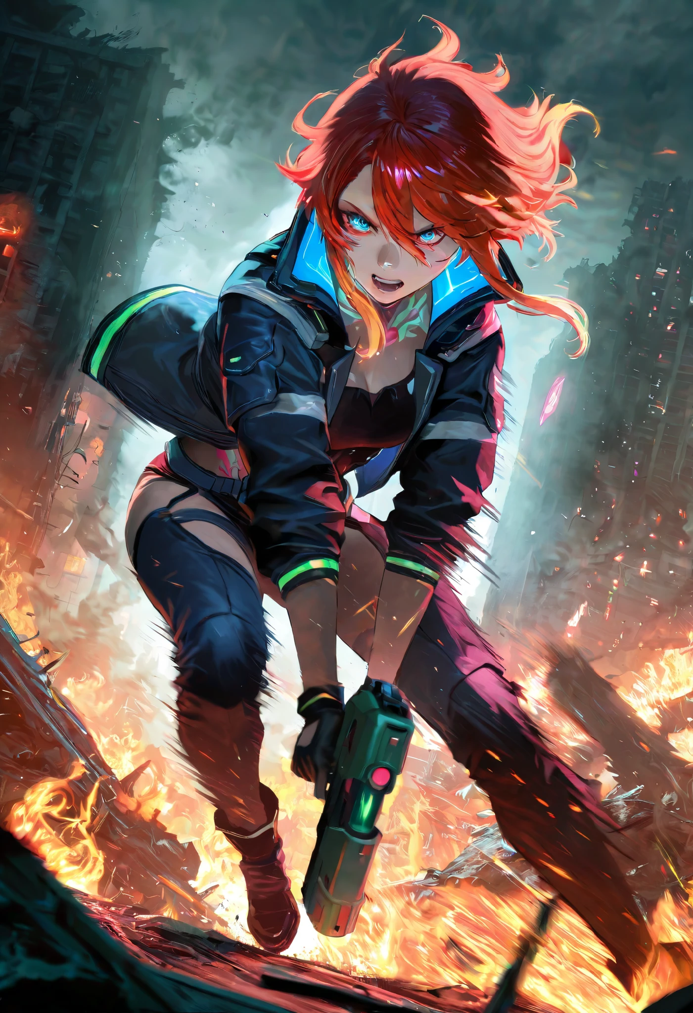 a cyberpunk city turned into a battlefield, beautiful and lovely female warriors fighting with laser guns, flames, smoke, ruins, speed lines, motion blur, action blur, highly detailed, sharp focus, vivid colors, soft lighting, cinematic composition, extremely delicate depiction, extremely clear image, 2.5D, artistic photography, hyper realistic, ultra detailed, absolutely resolution, masterpiece