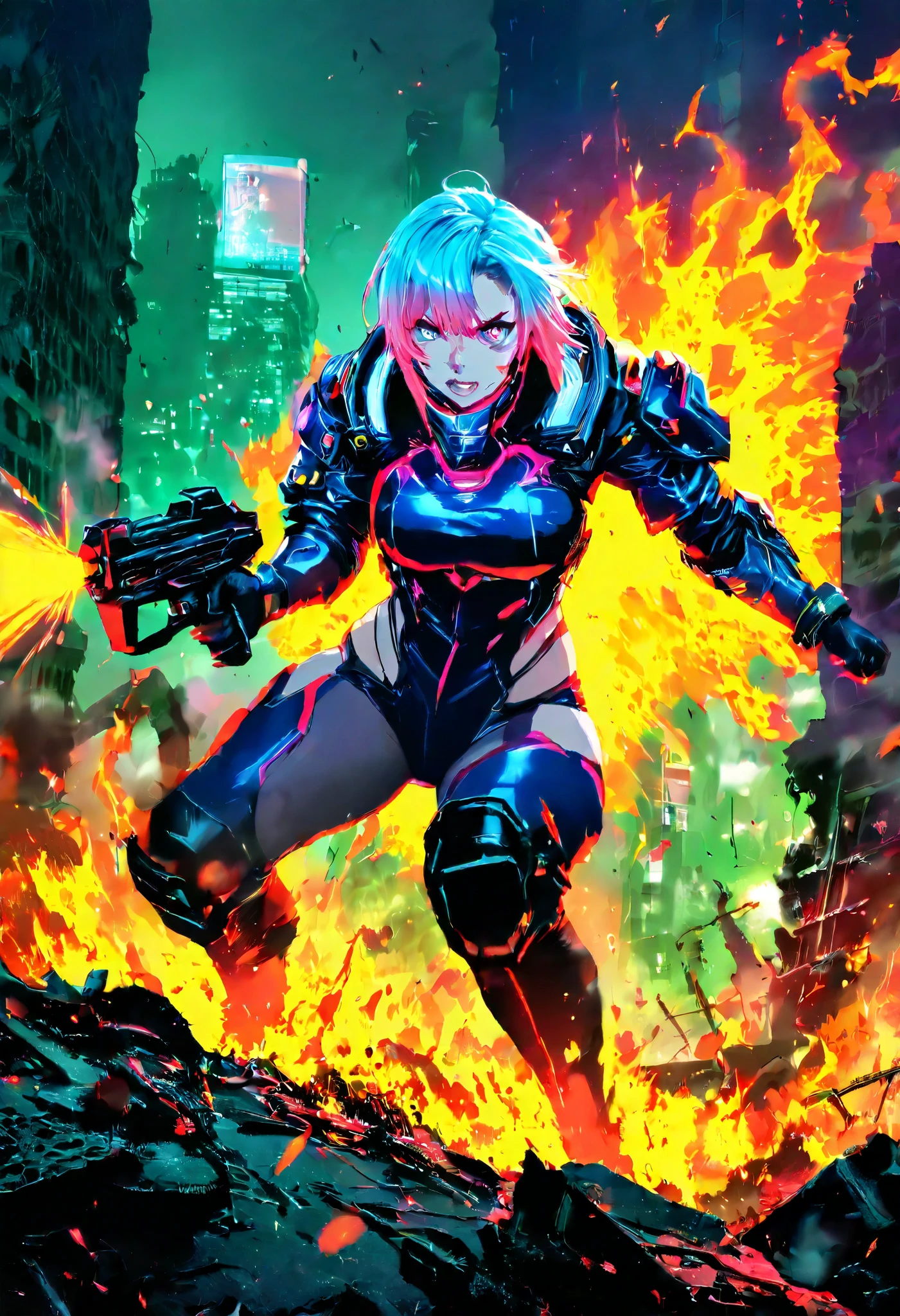 a cyberpunk city turned into a battlefield, beautiful and lovely female warriors fighting with laser guns, flames, smoke, ruins, speed lines, motion blur, action blur, highly detailed, sharp focus, vivid colors, soft lighting, cinematic composition, extremely delicate depiction, extremely clear image, 2.5D, artistic photography, hyper realistic, ultra detailed, absolutely resolution, masterpiece