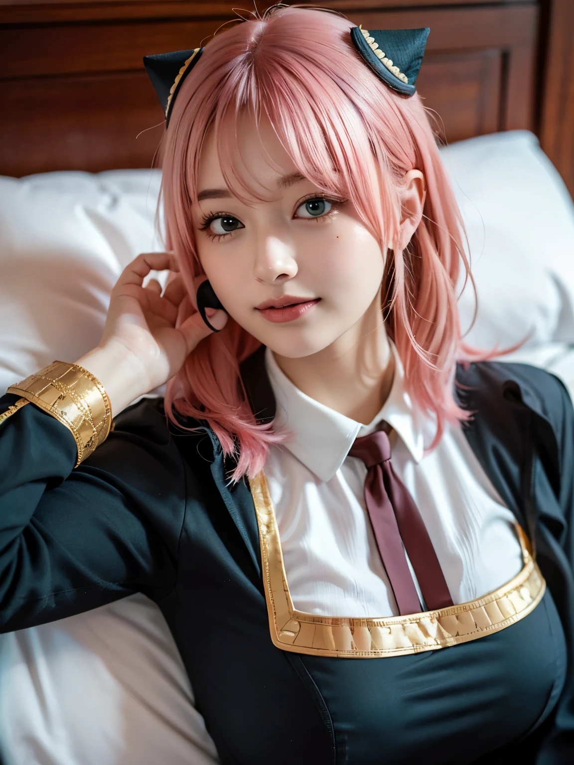 1girl, Alone, (cute Japanese girl), 18yo, Young female, slim body, (smile:1.2), Looking at camera, 
break
(close up:1.5), (portrait:1.2), (lying on bed:1.3), (on back:1.5), (put head on bed:1.5), from above, (hand under clothes:1.5), Seductive pose,
break
Professional photo-realistic images, (16k, RAW photo, best quality, masterpiece:1.2), (realistic, photo-realistic:1.4), (extremely detailed 8k wallpaper), sharp focus, depth of field, blur background, bokeh, cinematic lighting, soft light, High resolution 16k close-up of human skin,
break
perfectly round breasts, huge breasts
break
Anya Forger, Anya, SPY X FAMILY
break
ahoge, medium hair, (pink hair:1.2), cone hair bun, hairpods, hair ornament, bangs, green eyes, 
break
eden academy school uniform,
neck ribbon, red ribbon, wing collar, collared shirt, white shirt, black dress, long sleeves, gold trim, black socks, mary janes,
break
