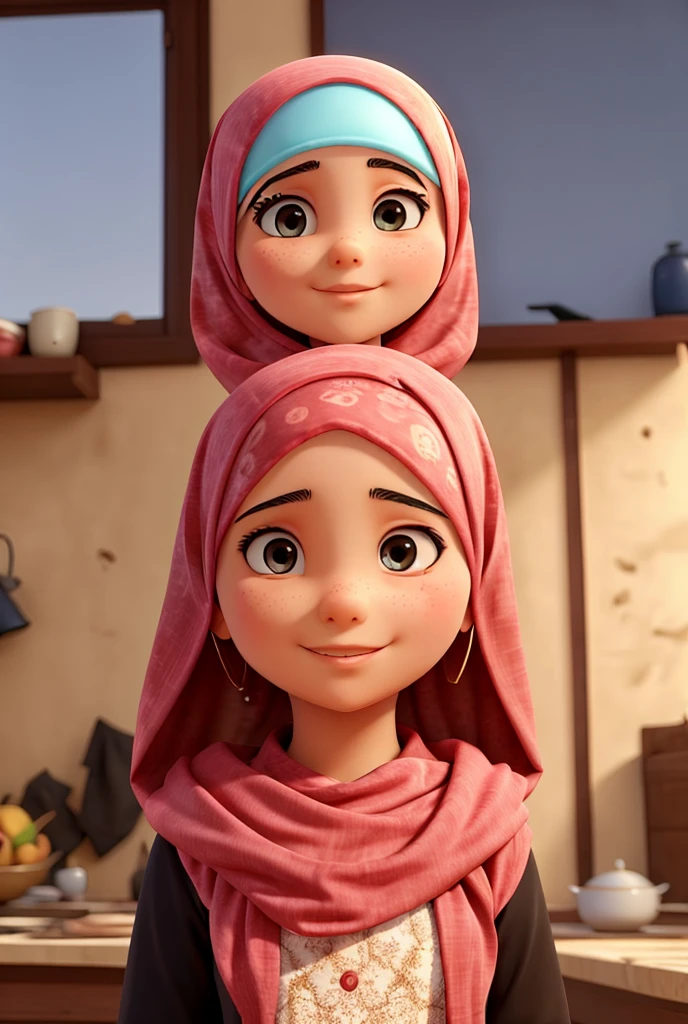 beautiful smiling lady Red hijab and blue hijab coming back from shopping