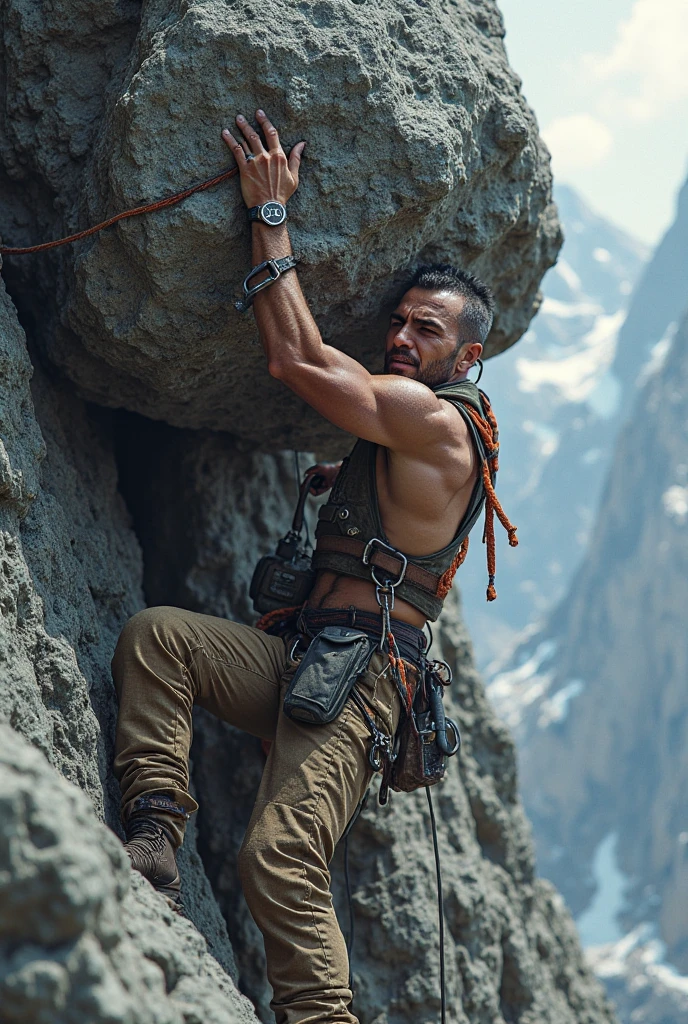 A 25-year-old boy, with a morbid and shaved style, 175-180 cm tall, climbing an imposing rock wall in the middle of nature. His large arms and well-defined pectorals tense with each precise movement, the muscles undulating under the tanned and pearly skin of sweat. He wears a climbing harness that adapts perfectly to his body, highlighting his firm butt and his bulging package in an irresistible way.
His 3 to 5-day beard, dark and perfectly cared for, adds a touch of rudeness to his attractive face. With each pull and push, his strong and agile fingers find cracks and bumps in the rock, advancing with a mixture of brute force and refined technique. His gaze is of pure concentration, his eyes shine with determination as he climbs with agility and skill, overcoming every obstacle with unwavering confidence.
The afternoon sunlight bathes the scene, creating a dramatic contrast between the shadows and flashes of light in her toned body.