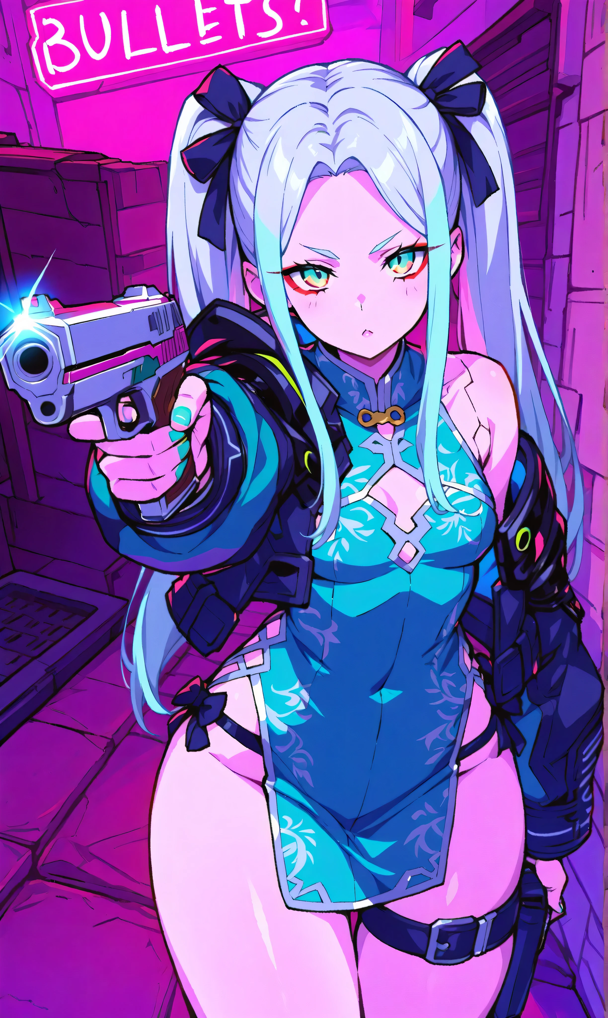 ((big、bullets envelop her. ))、girl with jet black twin tails tied with ribbons, wearing a teal colored china dress with silver decorations, Grab a pistol, Her opponent's bullets surround her with slow movements, Floating in a neon-lit cyberpunk back alley. (Cyberpunk Shootout:1.3)