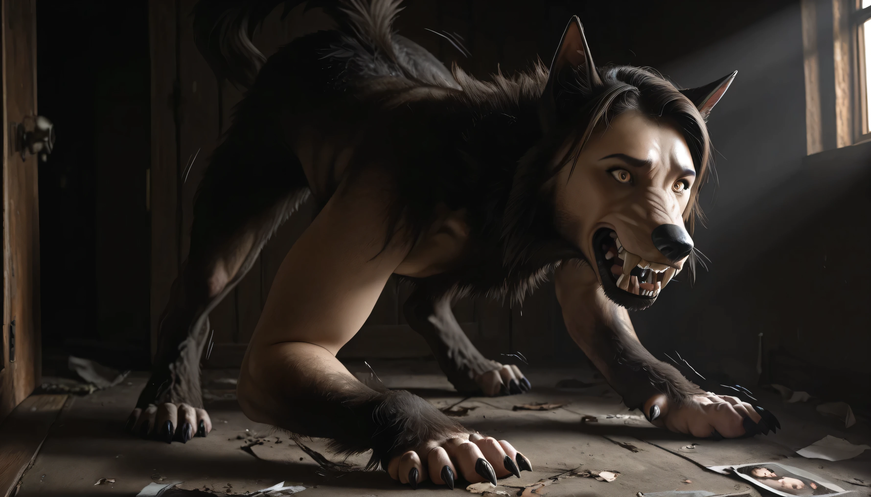 Werewolf transformation, human, [werewolf: human:0.7], [arms: paws:0.7], fangs:0.8, female, [red human skin: fur: 0.5], [human face: snout:0.5], wolf nose, detailed fur, gradual fur, spread, shaking:1.1, crying, sweating, drooling:1.2, in pain:0.8, scared:0.8, confused:0.8, torn clothes:1.1, thick fingers through, deep night, ((darkness, dramatic moonlight, night)), abandoned cabin, scraps around, clothes scraps,((Ultra-detailed, Realistic, Photorealistic, photo-realistic:1.37), 4k, 8k, RAW, HDR, UHD, Canon EOS P3, Canon EOS R3, 85mm f/1.4, 15mm, 35mm, award winning photo, 80mm, f2.8, high resolution, hd, full colour, 4k, high definition, 3 point lighting, sharp focus, smooth, Professional, cinematic, extreme detail, (high detail:1.4) description, masterpiece, deep shades, best quality,))
