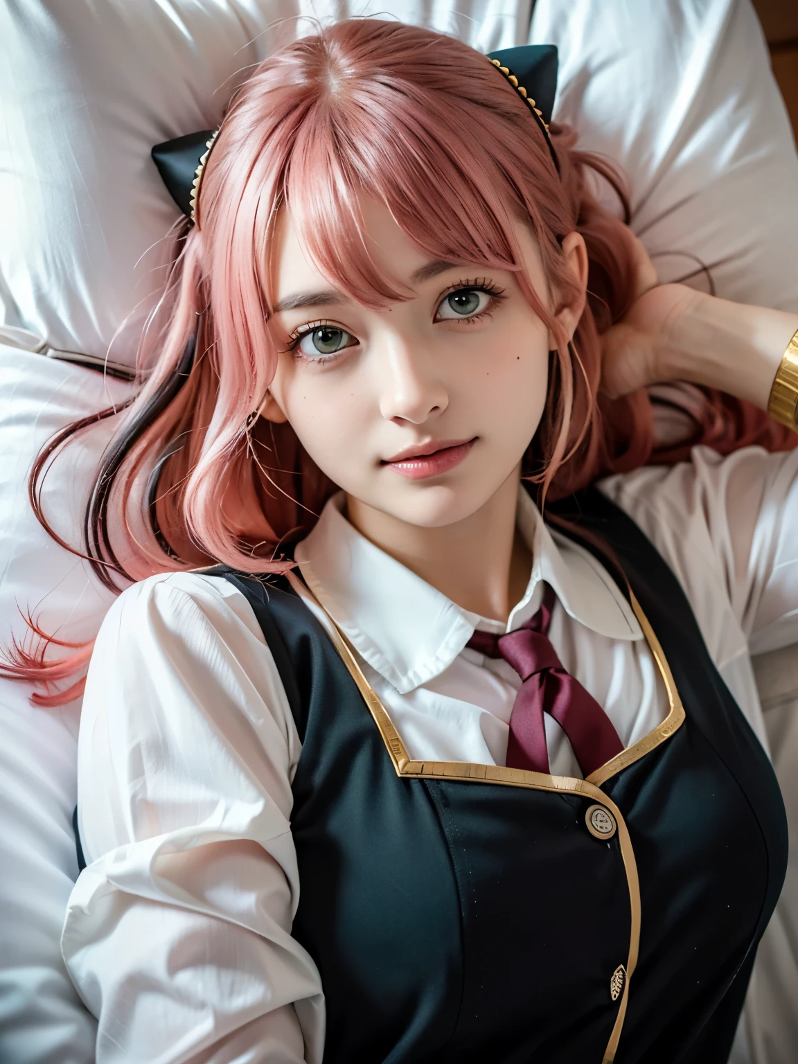 1girl, Alone, (cute Japanese girl), 18yo, Young female, slim body, (smile:1.2), Looking at camera,
break
(close up:1.5), (portrait:1.2), (lying on bed:1.3), (on back:1.5), (put head on bed:1.5), from above, (hand under clothes:1.5), Seductive pose,
break
Professional photo-realistic images, (16k, RAW photo, best quality, masterpiece:1.2), (realistic, photo-realistic:1.4), (extremely detailed 8k wallpaper), sharp focus, depth of field, blur background, bokeh, cinematic lighting, soft light, High resolution 16k close-up of human skin,
break
perfectly round breasts,
break
Anya Forger, Anya, SPY X FAMILY
break
ahoge, medium hair, (pink hair), cone hair bun, hairpods, hair ornament, bangs, green eyes,
break
eden academy school uniform,
neck ribbon, red ribbon, wing collar, collared shirt, white shirt, black dress, long sleeves, gold trim, black socks, mary janes,
break