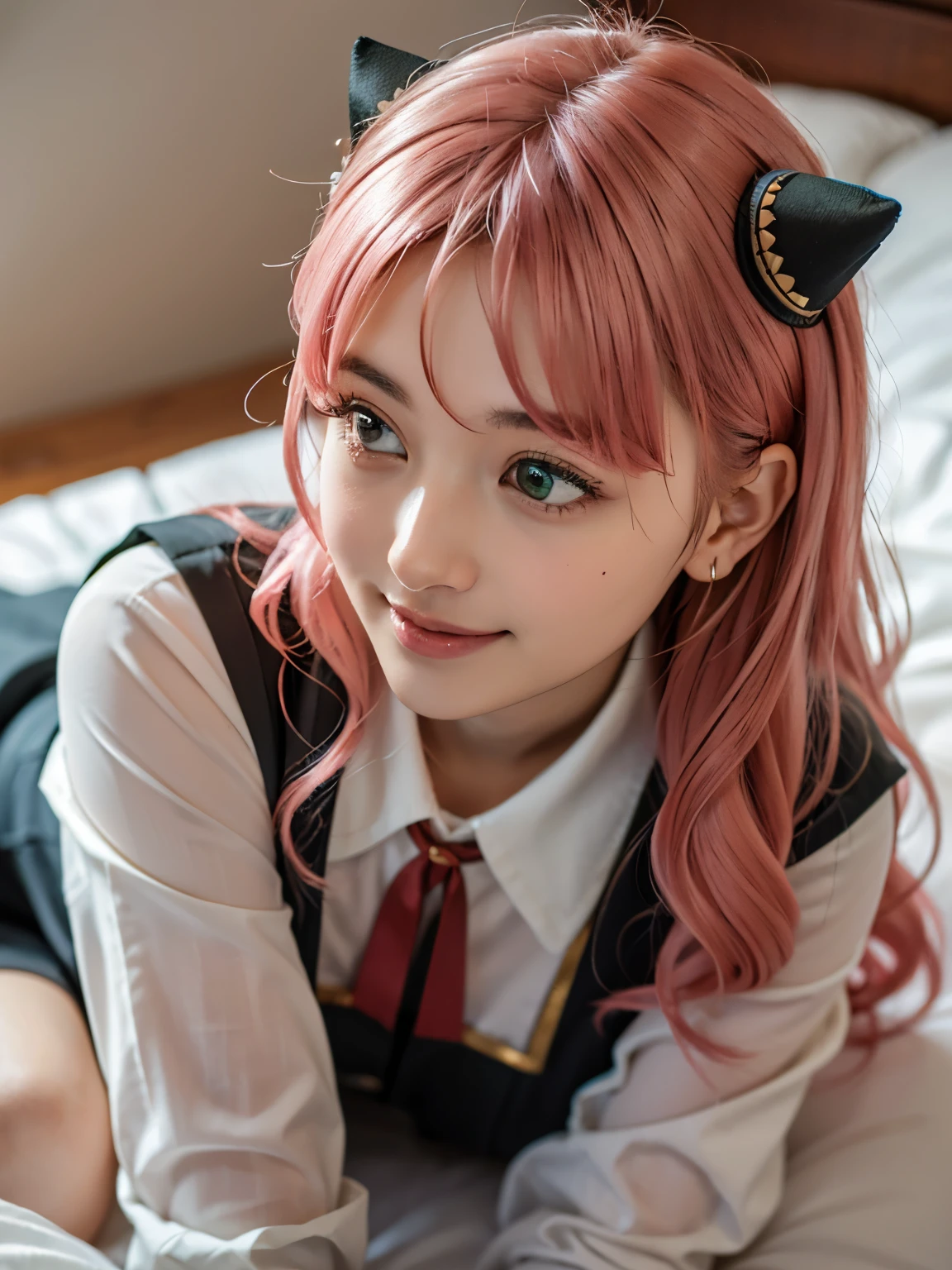 1girl, Alone, (cute Japanese girl), 18yo, Young female, slim body, (smile:1.2), Looking at camera,
break
(close up:1.5), (portrait:1.2), (lying on bed:1.3), (on back:1.5), (put head on bed:1.5), from above, (hand under clothes:1.5), Seductive pose,
break
Professional photo-realistic images, (16k, RAW photo, best quality, masterpiece:1.2), (realistic, photo-realistic:1.4), (extremely detailed 8k wallpaper), sharp focus, depth of field, blur background, bokeh, cinematic lighting, soft light, High resolution 16k close-up of human skin,
break
perfectly round breasts,
break
Anya Forger, Anya, SPY X FAMILY
break
ahoge, medium hair, (pink hair), cone hair bun, hairpods, hair ornament, bangs, green eyes,
break
eden academy school uniform,
neck ribbon, red ribbon, wing collar, collared shirt, white shirt, black dress, long sleeves, gold trim, black socks, mary janes,
break