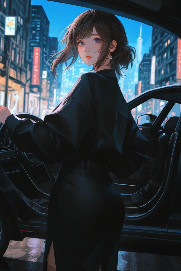 there is a beautiful women standing next to a red car, in the cyberpunk countryside, black hair, touge, drifters, night time, night, ambient