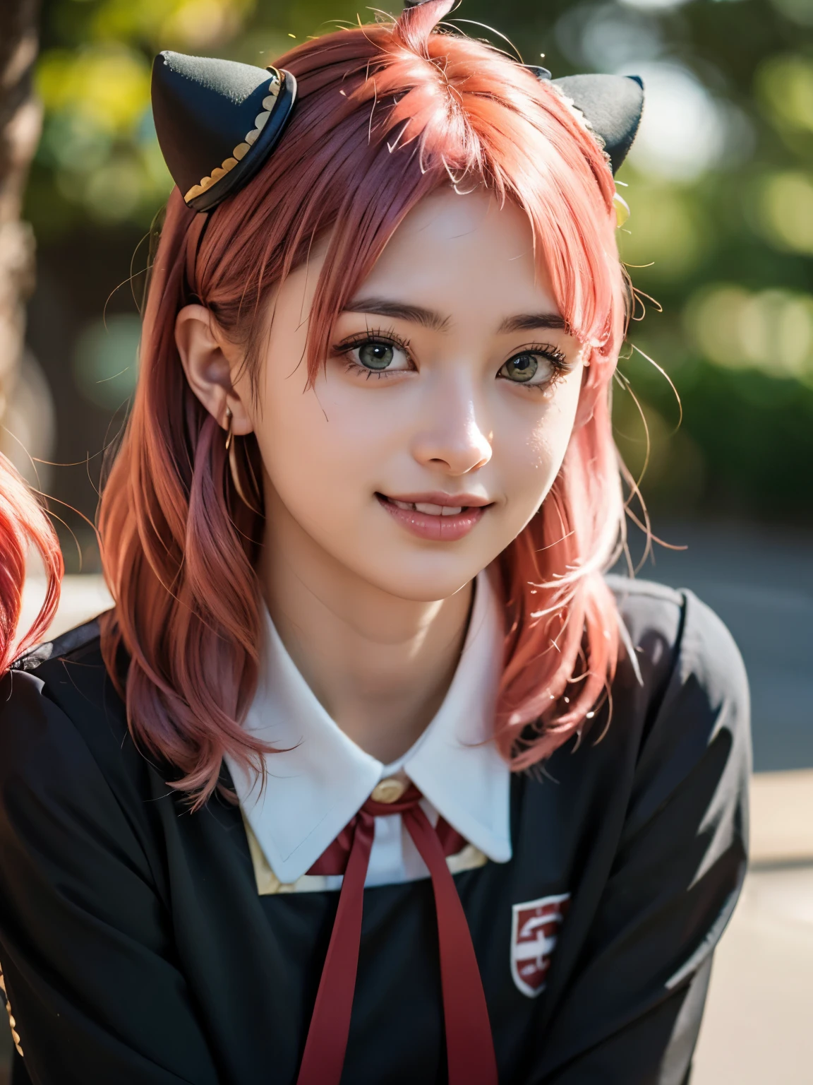 1girl, Alone, (cute Japanese girl), 18yo, Young female, slim body, (smile:1.2), Looking at camera,
break
(close up), (portrait:1.2),
break
Professional photo-realistic images, (16k, RAW photo, best quality, masterpiece:1.2), (realistic, photo-realistic:1.4), (extremely detailed 8k wallpaper), sharp focus, depth of field, blur background, bokeh, cinematic lighting, soft light, High resolution 16k close-up of human skin,
break
perfectly round breasts,
break
Anya Forger, Anya, SPY X FAMILY
break
ahoge, medium hair, (pink hair), cone hair bun, hairpods, hair ornament, bangs, green eyes,
break
eden academy school uniform,
neck ribbon, red ribbon, wing collar, collared shirt, white shirt, black dress, long sleeves, gold trim, black socks, mary janes,
break
Old town in Germany