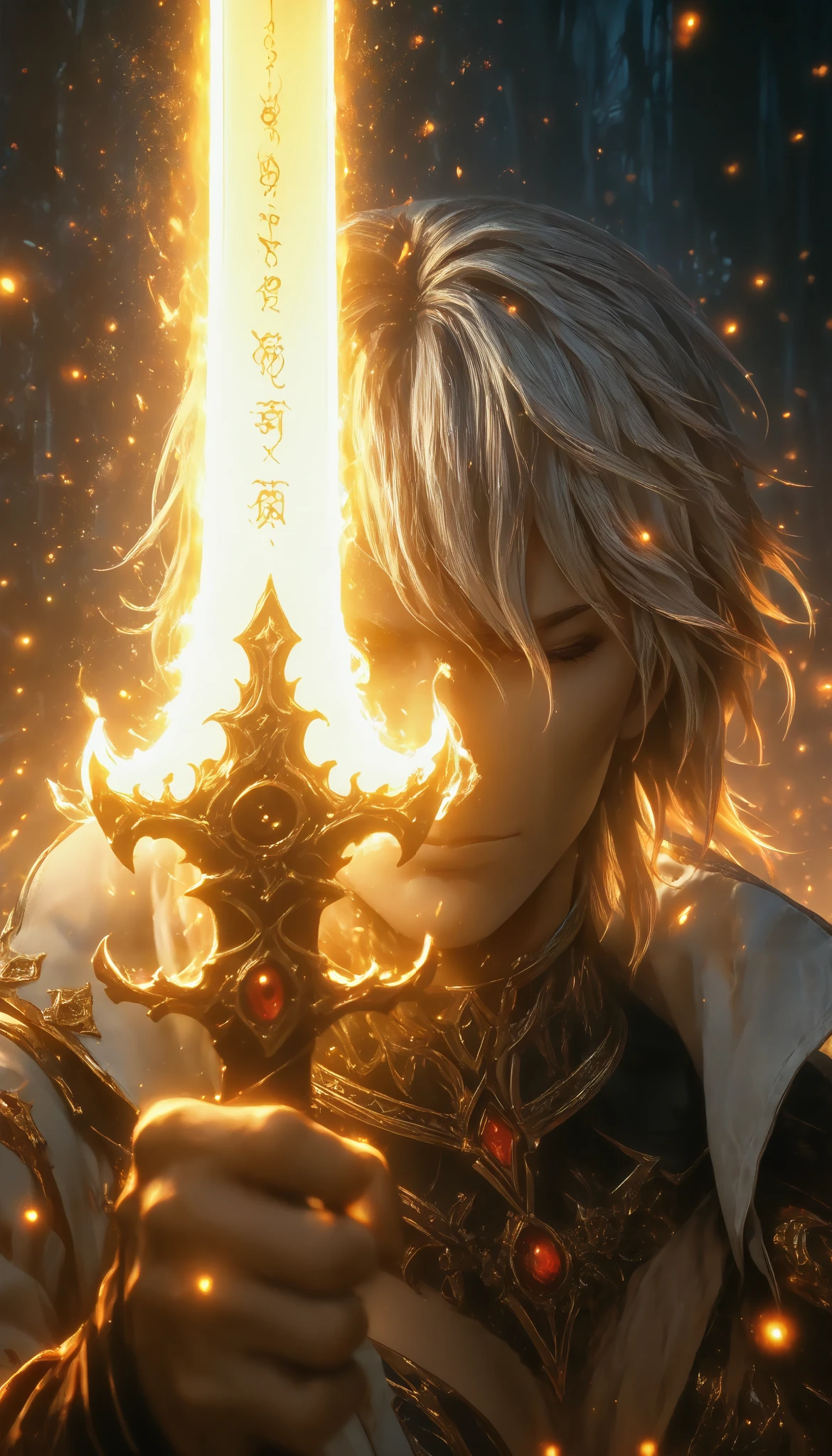 a boy,epic poses,espada de embers,glow condensado en la espada,heat particles,sword in the foreground,portrait in the foreground,(epic, glow, Particles , brilliant, ember)