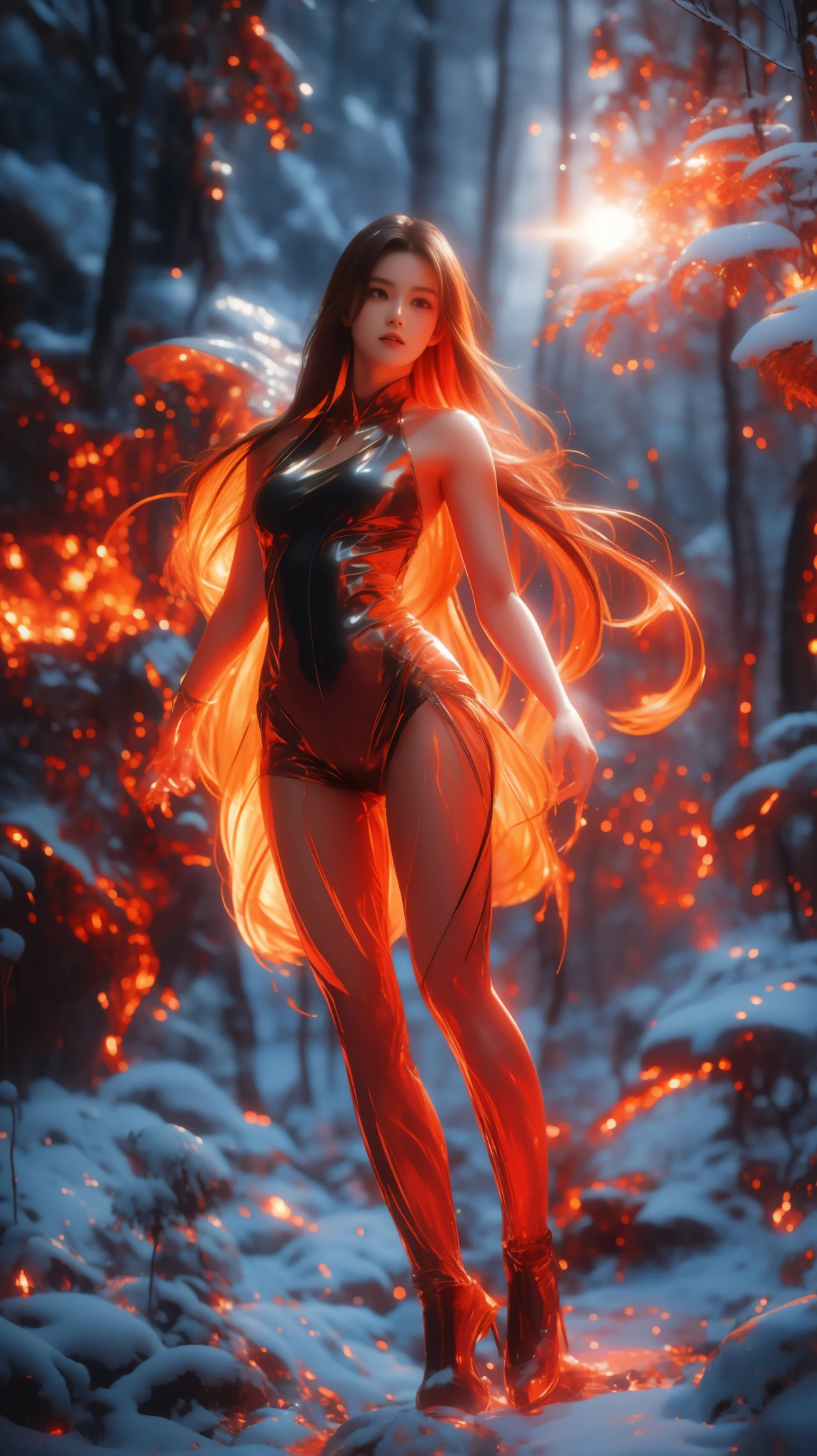 a monumental CG cinematic masterpiece, ultra-detailed HDR and DTM rendering, Comprehensive body anatomy, 8K Ultra HD resolution. Impressive animation, surreal composition with vivid and brilliant fluorescent colors. Surreal 3D rendering with cinematic lighting effect, combination between surrealism and realism such as photographs. ultra wide angle of view, panorama, ultra wide lens, full-body shooting at 32K resolution. A slender Furina girl, athletic shape, detailed skin with subtle sweating and facial expression veritable. She is skiing nimbly through the snow smooth, illuminated by brilliant blue fluorescent light, combines the same light beam (God rays). Detailed sportswear, to reveal toned abs, futuristic fashion design, body hugging suit highlights long legs (1.3), slim figure (1.1), Slender legs (1.2). Complex fabric, mirroring realistic material. Shilin Huang style, Exquisite costume design with blurry movements (sfumato), dynamic flow and elongated body part create a feeling of graceful movement. Surreal leather texture, highly detailed lighting and shadows, } kinetic flying snow effect, spectacular depth of field and extremely realistic lighting effects.