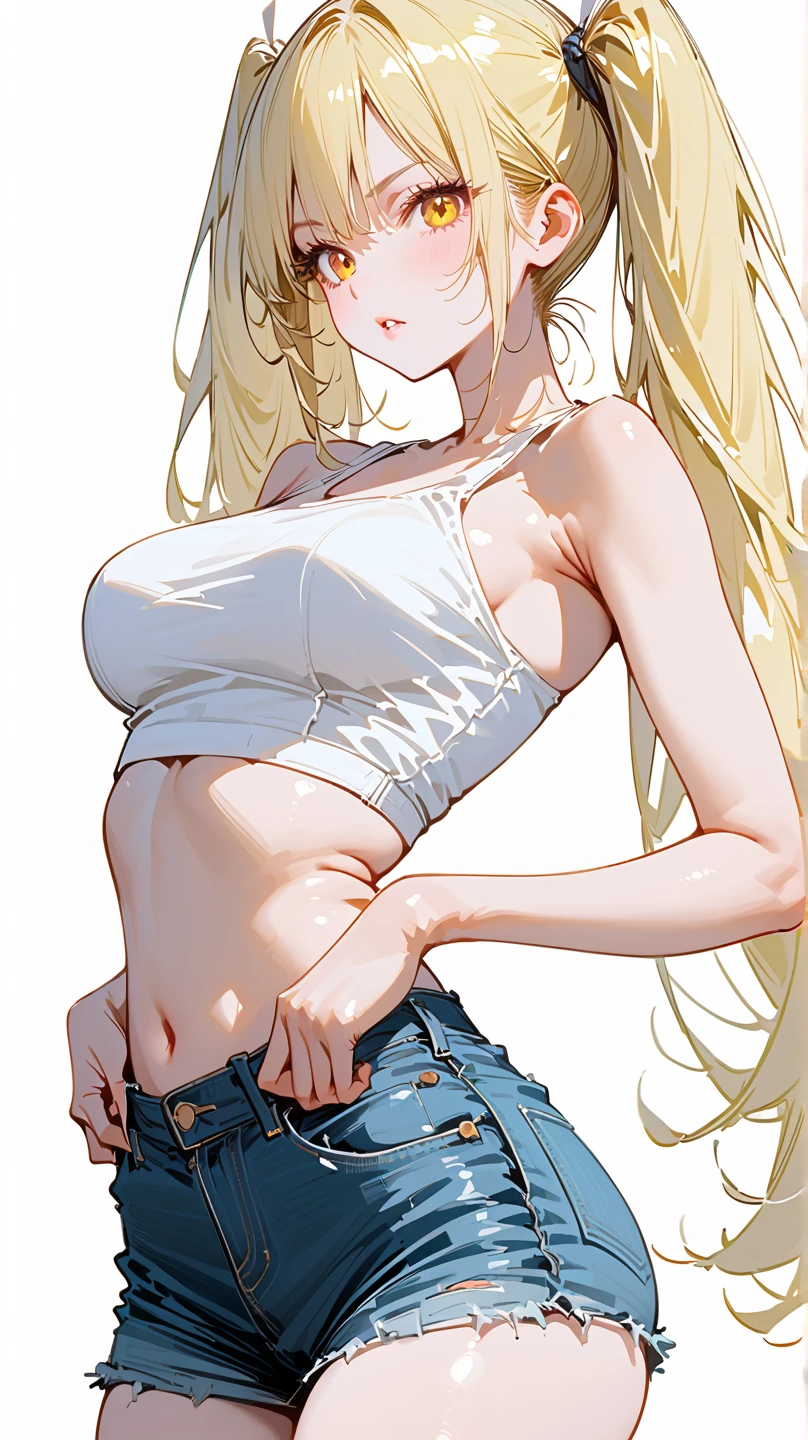 Blonde anime girl posing in short skirt, seductive anime girl, Blonde long hair anime girl, Painting in animation artist studio, wearing white clothes, [ 4k digital art ]!!, style art, casual gesture, From Girls Frontline, upper part of body, Highest rated on pixiv, blonde goddess, Produced by Anime Painter Studio