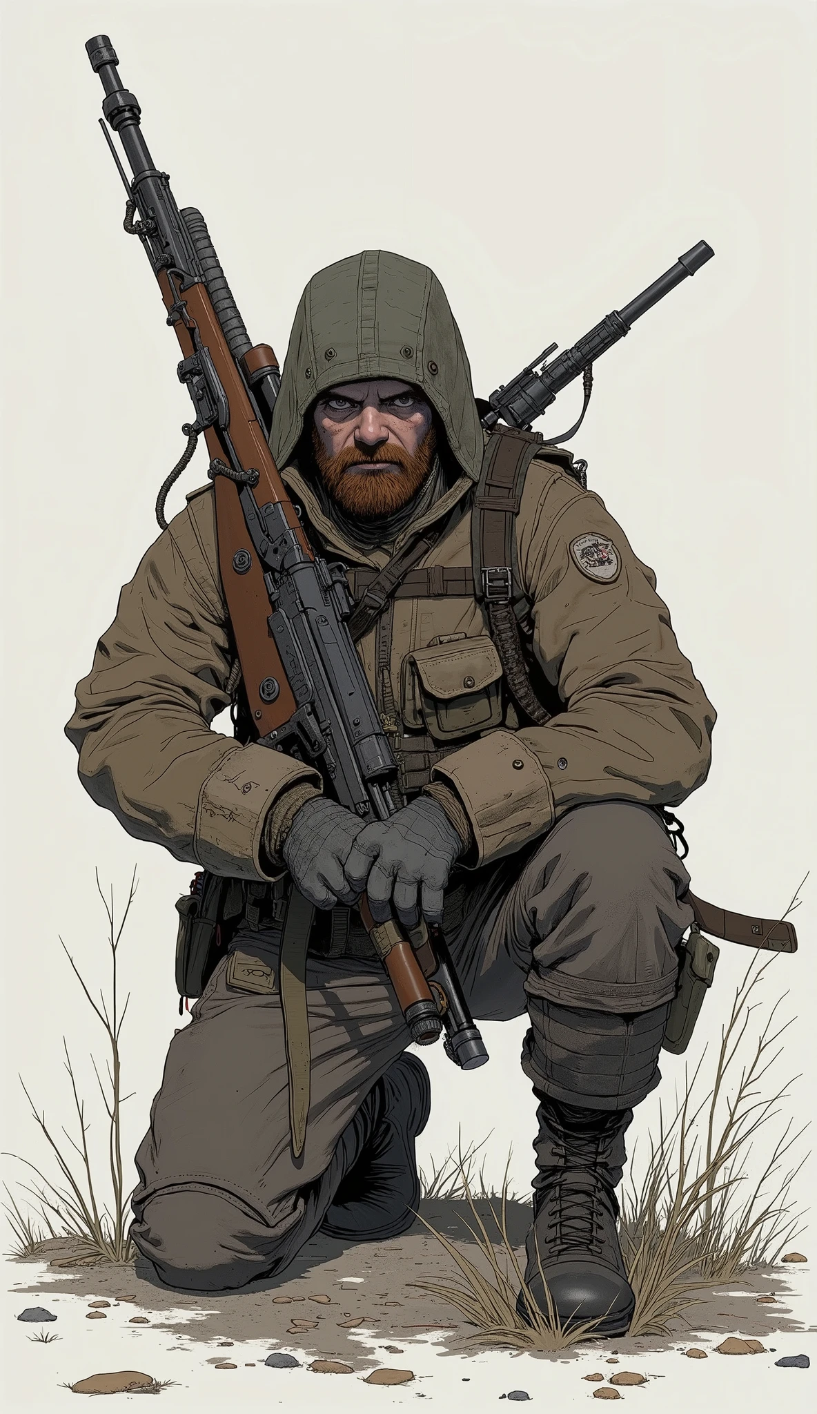 arafe soldier with gun and kneeling backpack, carrying rifles, rifle at the muzzle, man is carrying rifles, with a mosin on her back , Soldier with a Gun, ago, ww1, has a rifle, World War I, WWII military style, With a rifle, wearing russian ago clothes, With a rifle in hands