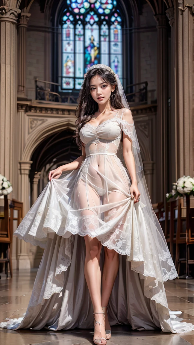 Beautiful 25 year old skinny woman。She is wearing a summer wedding dress. She is walking and her legs crossed and one leg is visible. She is shying and smiling in the church. She is illuminated by sunset. the evening church lights is on . her black hair. High resolution、masterpiece、highest quality、頭w:1.0、((Hasselblad Photos))、fine skin、(movie lighting)、clavicle . Her full body picture.