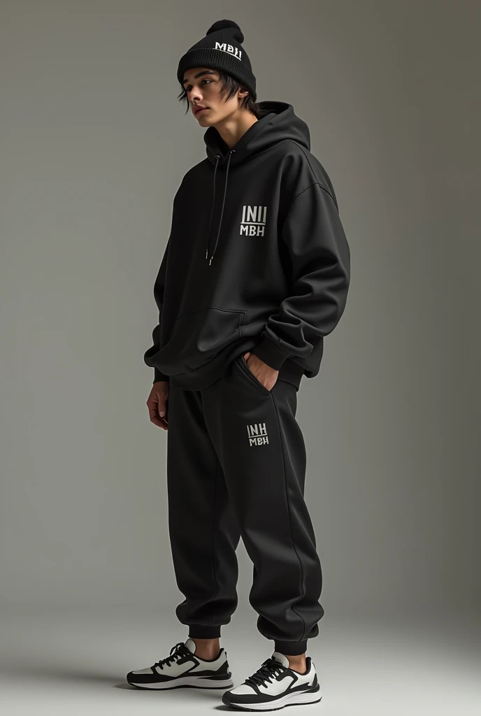 A teen boy with faded hair from the side and messy hair in the middle wearing a black hoodie,joggers and shoes