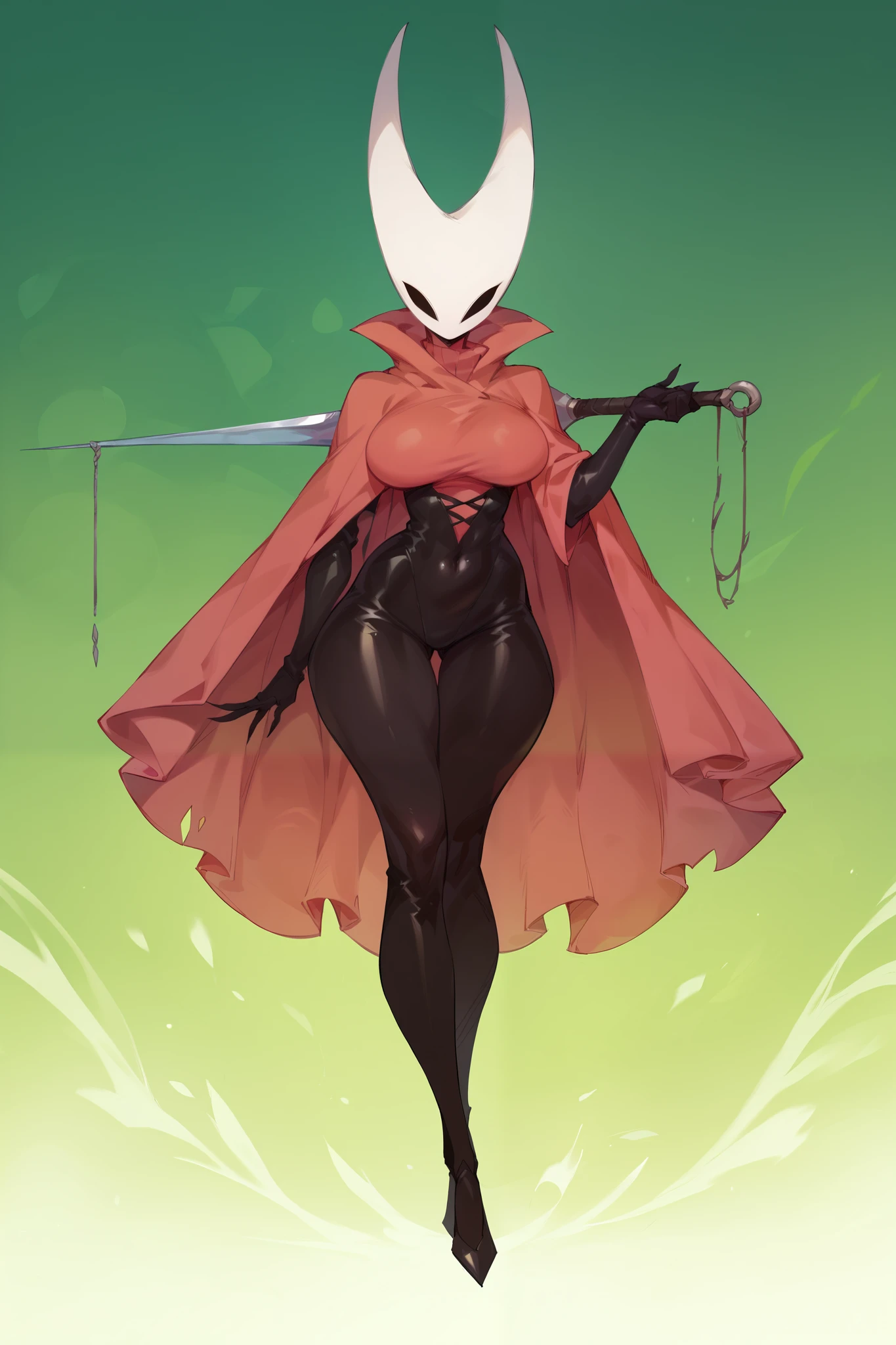 1girl, Hornet_, red cloak, style, holding a weapon,, check_9, check_8_ through , check_7_up, Soset Member, big breasts