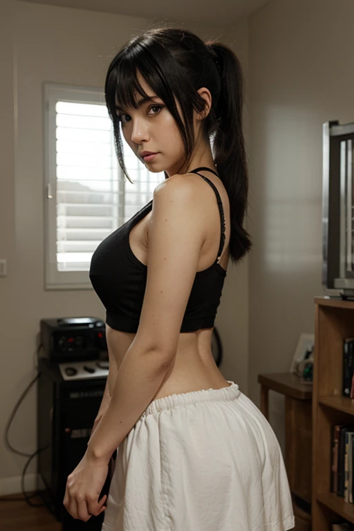 Hyper realistic of {Chi Chi Character from Dragon Ball, (Ponytail hair with Bangs), (grabbing the vagina)}, Perfect body, thin waist, thick thighs, big ass and round swollen vagina style like the hood of a Beetle, facing the camera grabbing the vagina beetle hood style, symmetrical face, ideal human, 85 mm lens, f8, photography, ultra details, natural light, light background, photo, studio lighting