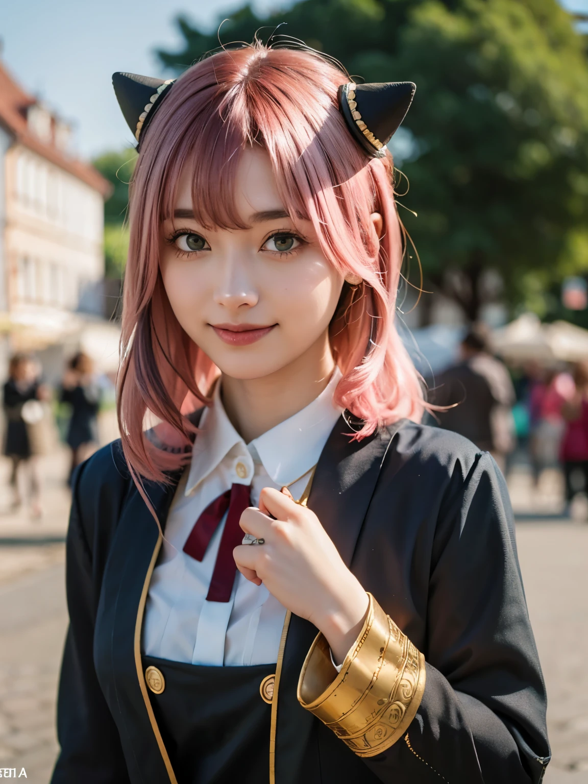 1girl, Alone, (cute Japanese girl), 18yo, Young female, slim body, (smile:1.2), Looking at camera,
break
upper body,
break
Professional photo-realistic images, (16k, RAW photo, best quality, masterpiece:1.2), (realistic, photo-realistic:1.4), (extremely detailed 8k wallpaper), sharp focus, depth of field, blur background, bokeh, cinematic lighting, soft light, High resolution 16k close-up of human skin,
break
perfectly round breasts,
break
Anya Forger, Anya, SPY X FAMILY
break
ahoge, medium hair, (pink hair), cone hair bun, hairpods, hair ornament, bangs, green eyes,
break
eden academy school uniform,
neck ribbon, red ribbon, wing collar, collared shirt, white shirt, black dress, long sleeves, gold trim, black socks, mary janes,
break
Old town in Germany, Nuremberg