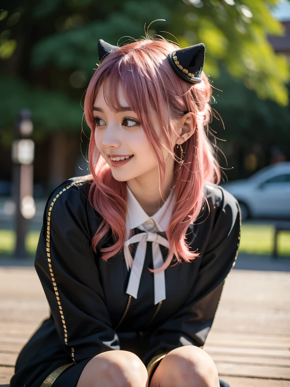 1girl, Alone, (cute Japanese girl), 18yo, Young female, slim body, (smile:1.2), Looking at camera,
break
upper body,
break
Professional photo-realistic images, (16k, RAW photo, best quality, masterpiece:1.2), (realistic, photo-realistic:1.4), (extremely detailed 8k wallpaper), sharp focus, depth of field, blur background, bokeh, cinematic lighting, soft light, High resolution 16k close-up of human skin,
break
perfectly round breasts,
break
Anya Forger, Anya, SPY X FAMILY
break
ahoge, medium hair, (pink hair), cone hair bun, hairpods, hair ornament, bangs, green eyes,
break
eden academy school uniform,
neck ribbon, red ribbon, wing collar, collared shirt, white shirt, black dress, long sleeves, gold trim, black socks, mary janes,
break
Old town in Germany, Nuremberg