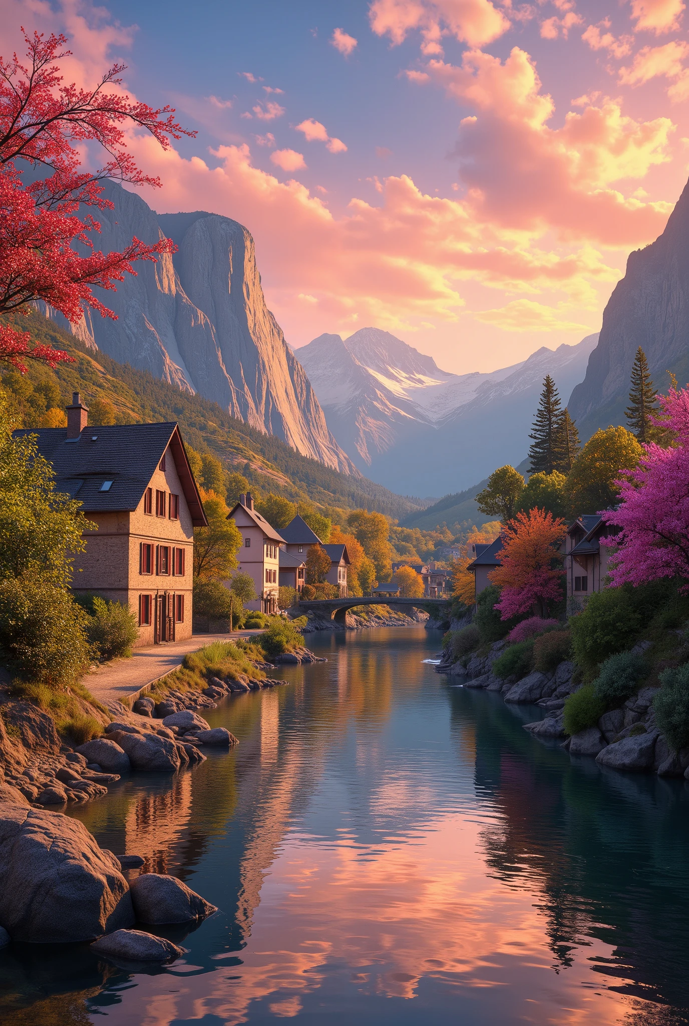 a small village by the river, mountains in the background, floral flowers colorful, detailed landscape, Beautiful natural landscapes, atmospheric lighting, scorching sunset, warm colours, practical, photopractical, Detailed Foliage, complex buildings, cobblestone street, Charming country house, swirly vibrant colors, lush vegetation, Still water reflections, Picturesque, idyllic, work of art, best qualityer, 8k, extremely detaild,anime styling