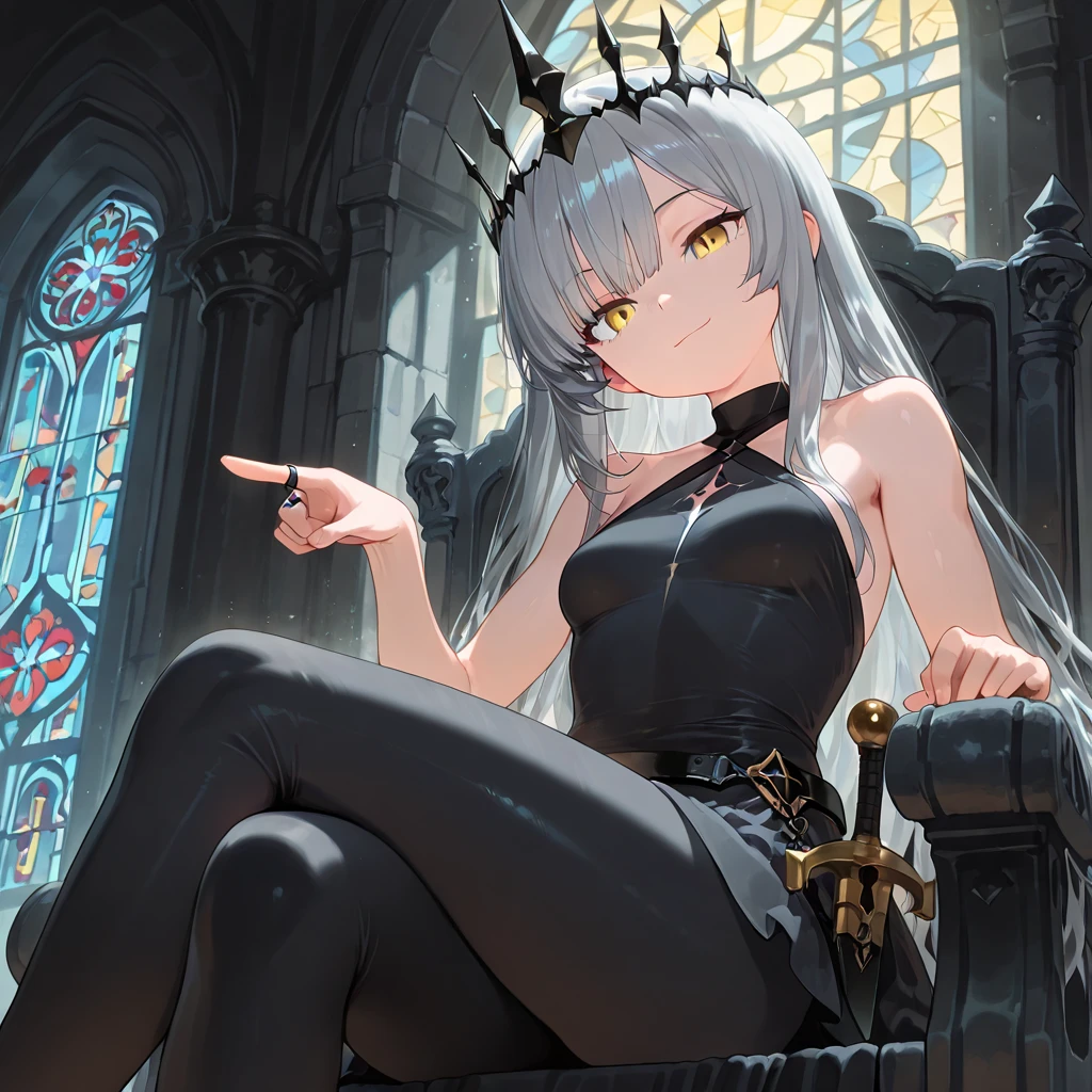 (masterpiece:1.2, Best Quality), (finely detailed beautiful eye: 1.2), (beautiful detailed face), solo, close up, 1girl, from below, comic strip, smug, head tilt, expressionless, long hair, dark gray hair, bangs, shadows over eyes, small breasts, light skin, black and yellow eyes, black shadowy crown, collared black dress, sleeveless halter neck, bare shoulders, stoic, shadowy aura, toned, black rings, swordbelt, sword sheathe, sword pommel, sitting on throne, pointing, head tilt, legs crossed, black leggings, slight smile, castle interior, stained glass, sun rays, 
