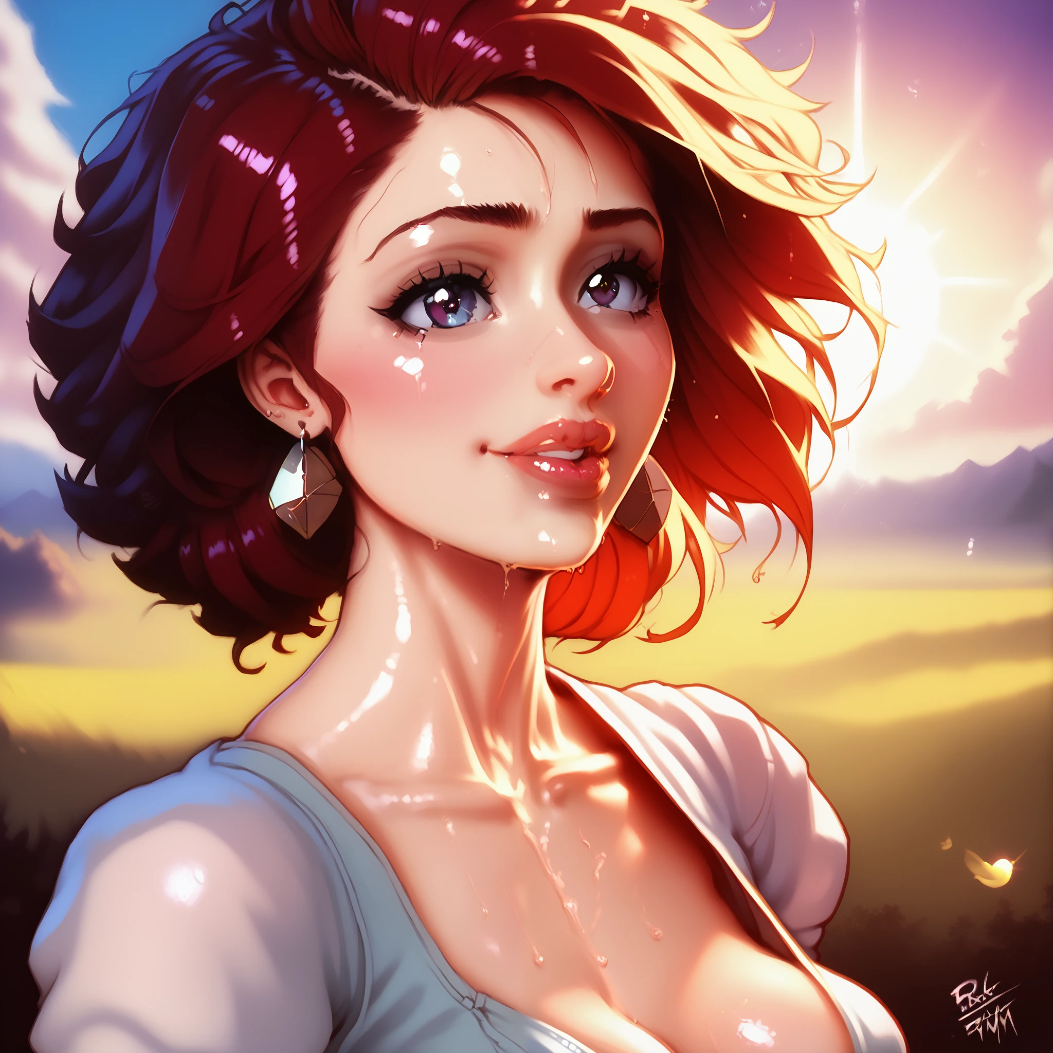a red-haired woman, sun, detailed portrait, realistic, photorealistic, 8K, HDR, studio lighting, physically-based rendering, vivid colors, warm lighting, dramatic lighting, natural sunlight, sun rays, sunbeams, outdoor scenery, scenic background, atmospheric, cinematic