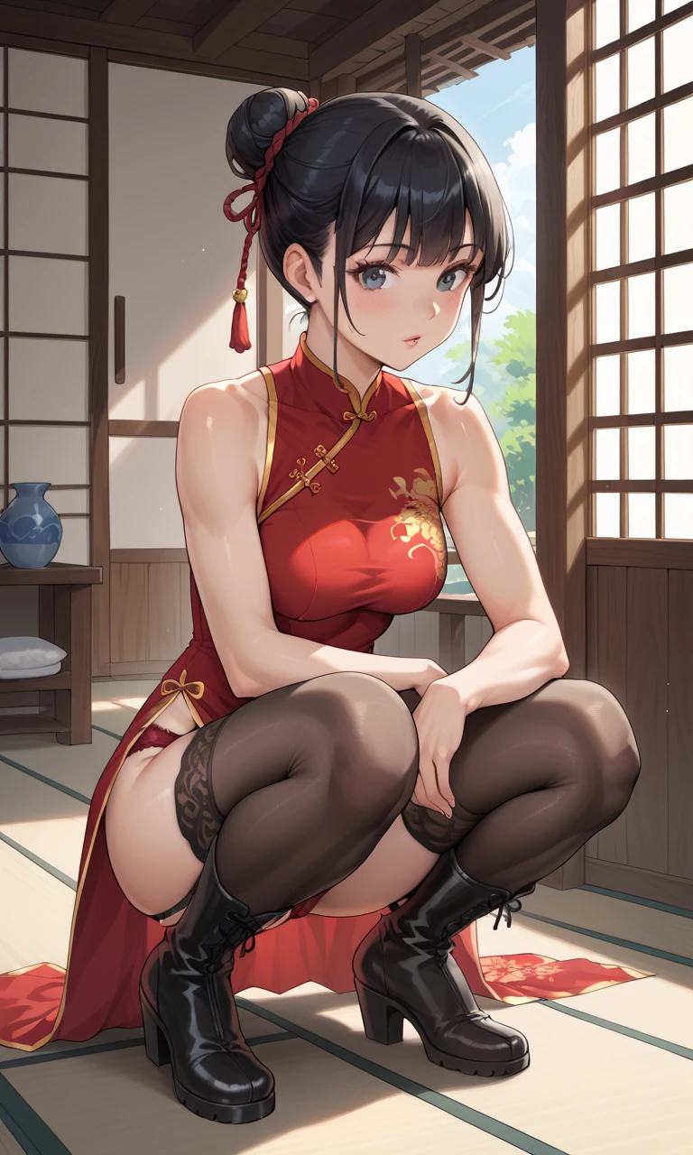 1girl,staeking light,early teen,student,cheongsam,black thighhighs,newest,medium quality,general,masterpiece,<lora:nai3animation_v2.6_sanstans-000075:0.8>,
