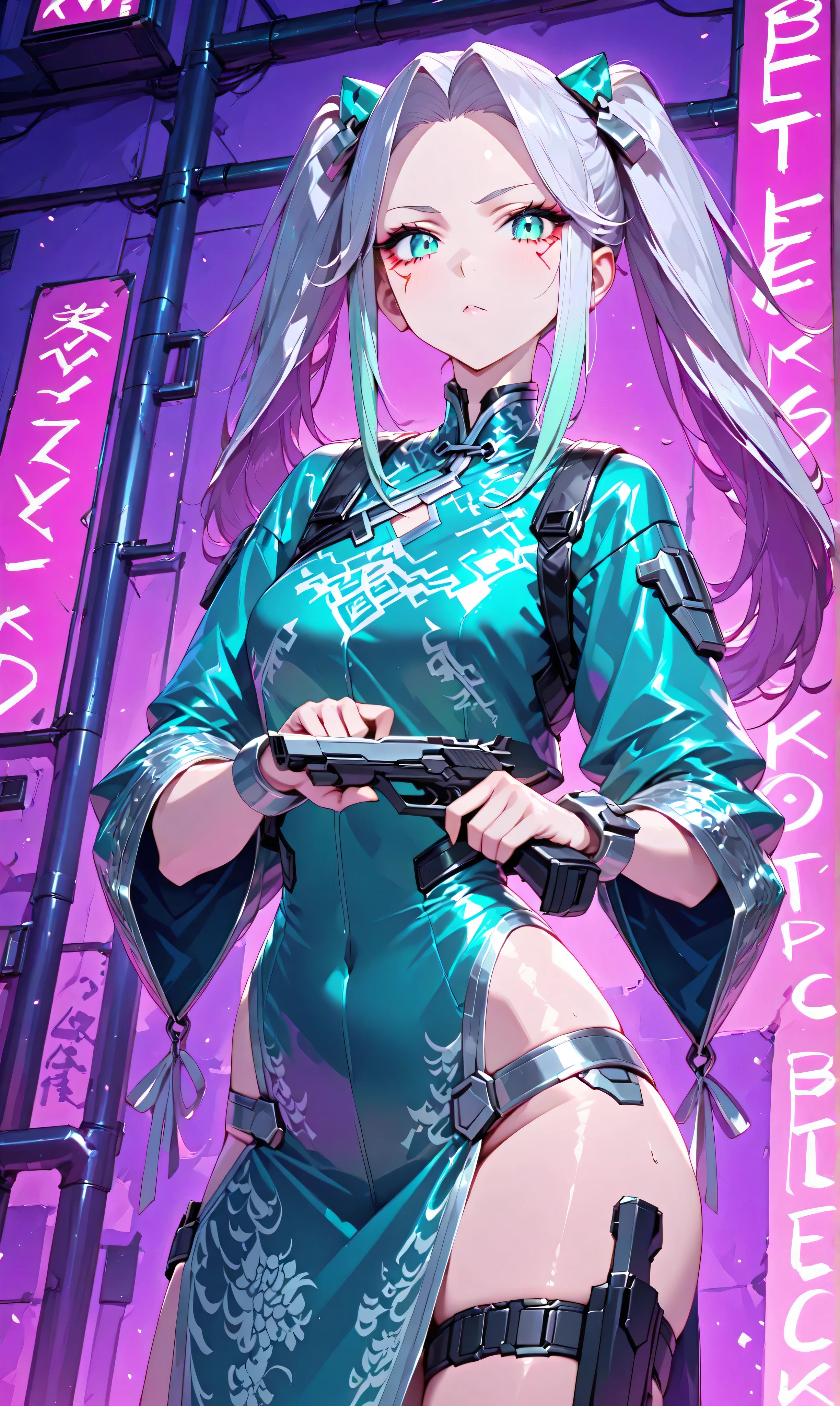 ((big、bullets envelop her. ))、girl with jet black twin tails tied with ribbons, wearing a teal colored china dress with silver decorations, Grab a pistol, Her opponent's bullets surround her with slow movements, Floating in a neon-lit cyberpunk back alley. (Cyberpunk Shootout:1.3)