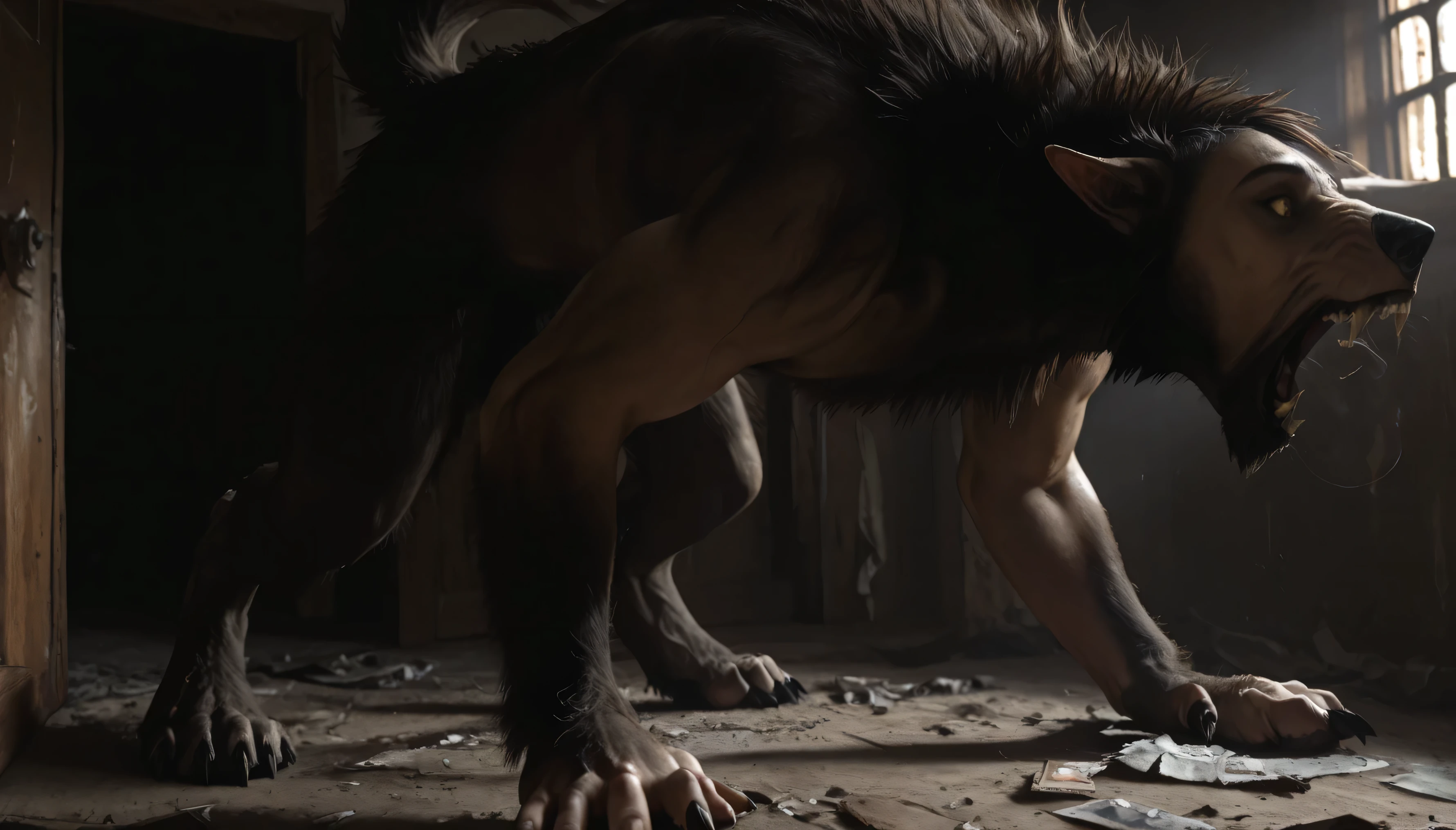Werewolf transformation, human, [werewolf: human:0.7], [arms: paws:0.7], fangs:0.8, female, [red human skin: fur: 0.5], [human face: snout:0.5], wolf nose, detailed fur, gradual fur, spread, shaking:1.1, crying, sweating, drooling:1.2, in pain:0.8, scared:0.8, confused:0.8, torn clothes:1.1, thick fingers through, deep night, ((darkness, dramatic moonlight, night)), abandoned cabin, scraps around, clothes scraps,((Ultra-detailed, Realistic, Photorealistic, photo-realistic:1.37), 4k, 8k, RAW, HDR, UHD, Canon EOS P3, Canon EOS R3, 85mm f/1.4, 15mm, 35mm, award winning photo, 80mm, f2.8, high resolution, hd, full colour, 4k, high definition, 3 point lighting, sharp focus, smooth, Professional, cinematic, extreme detail, (high detail:1.4) description, masterpiece, deep shades, best quality,))