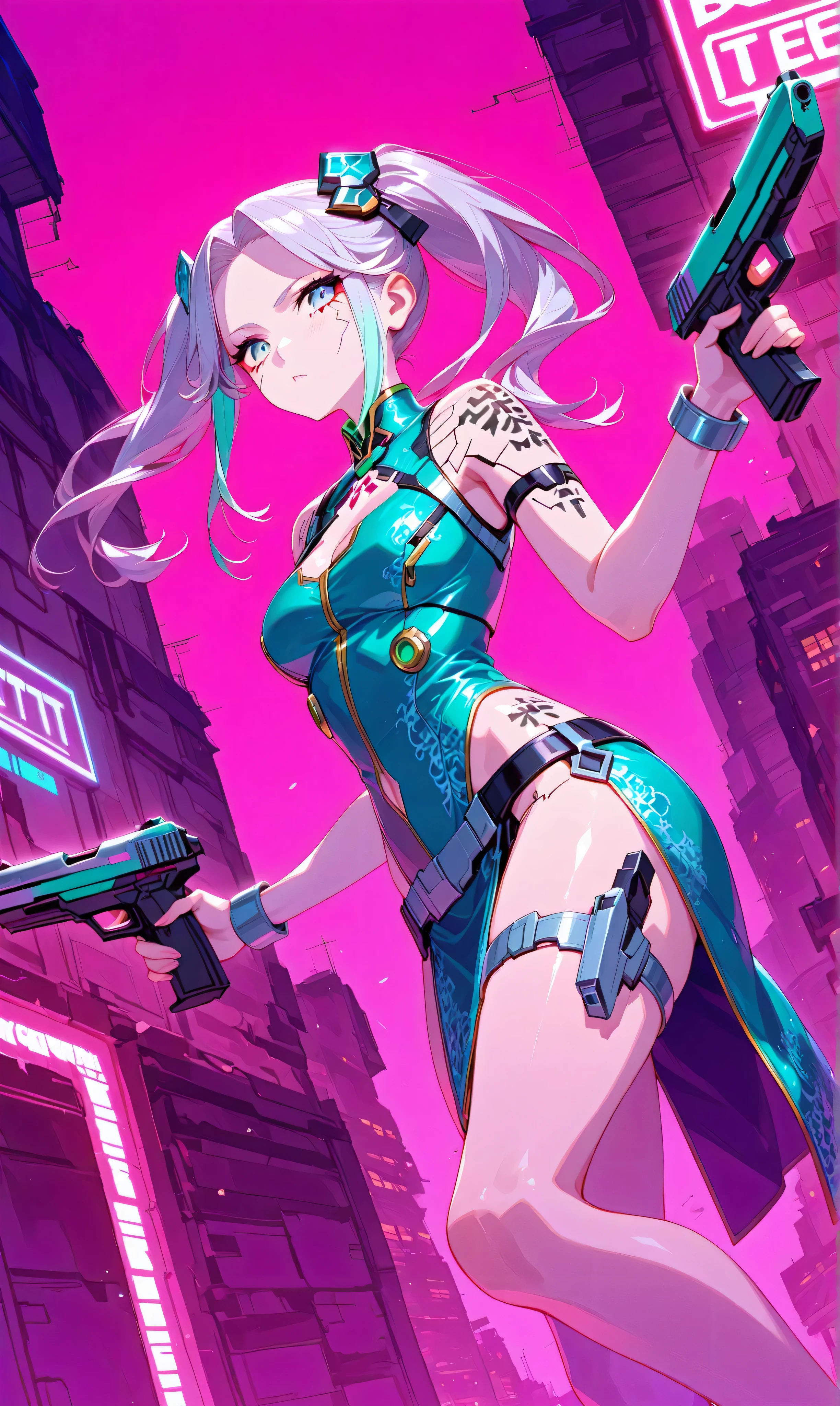 ((big、bullets envelop her. ))、girl with jet black twin tails tied with ribbons, wearing a teal colored china dress with silver decorations, Grab a pistol, Her opponent's bullets surround her with slow movements, Floating in a neon-lit cyberpunk back alley. (Cyberpunk Shootout:1.3)