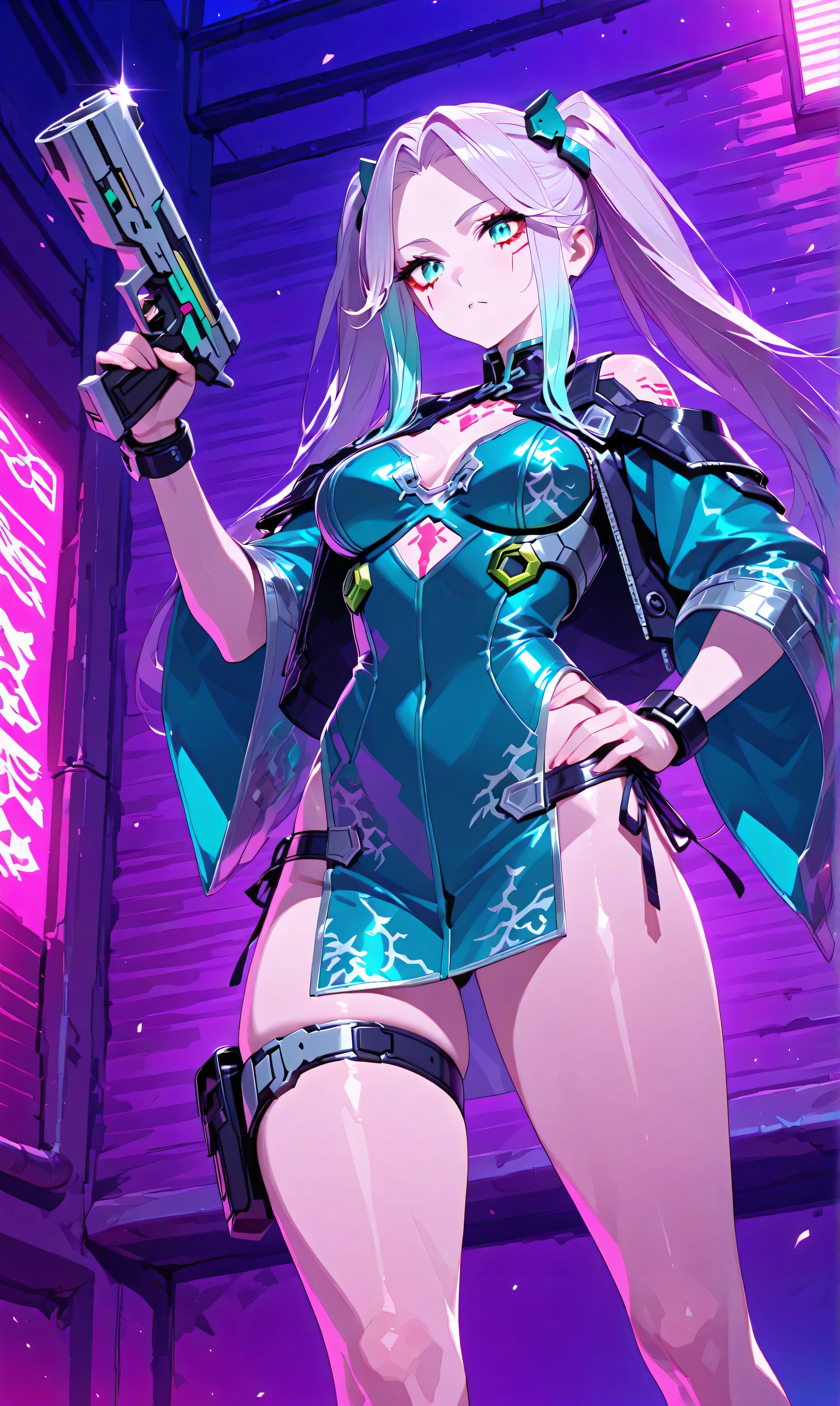 Female character with Slavic appearance. Dressed in a sexy white suit with light green stitching and patterns on the clothing...... Stands against the backdrop of an ultra-modern city in a sexy pose......