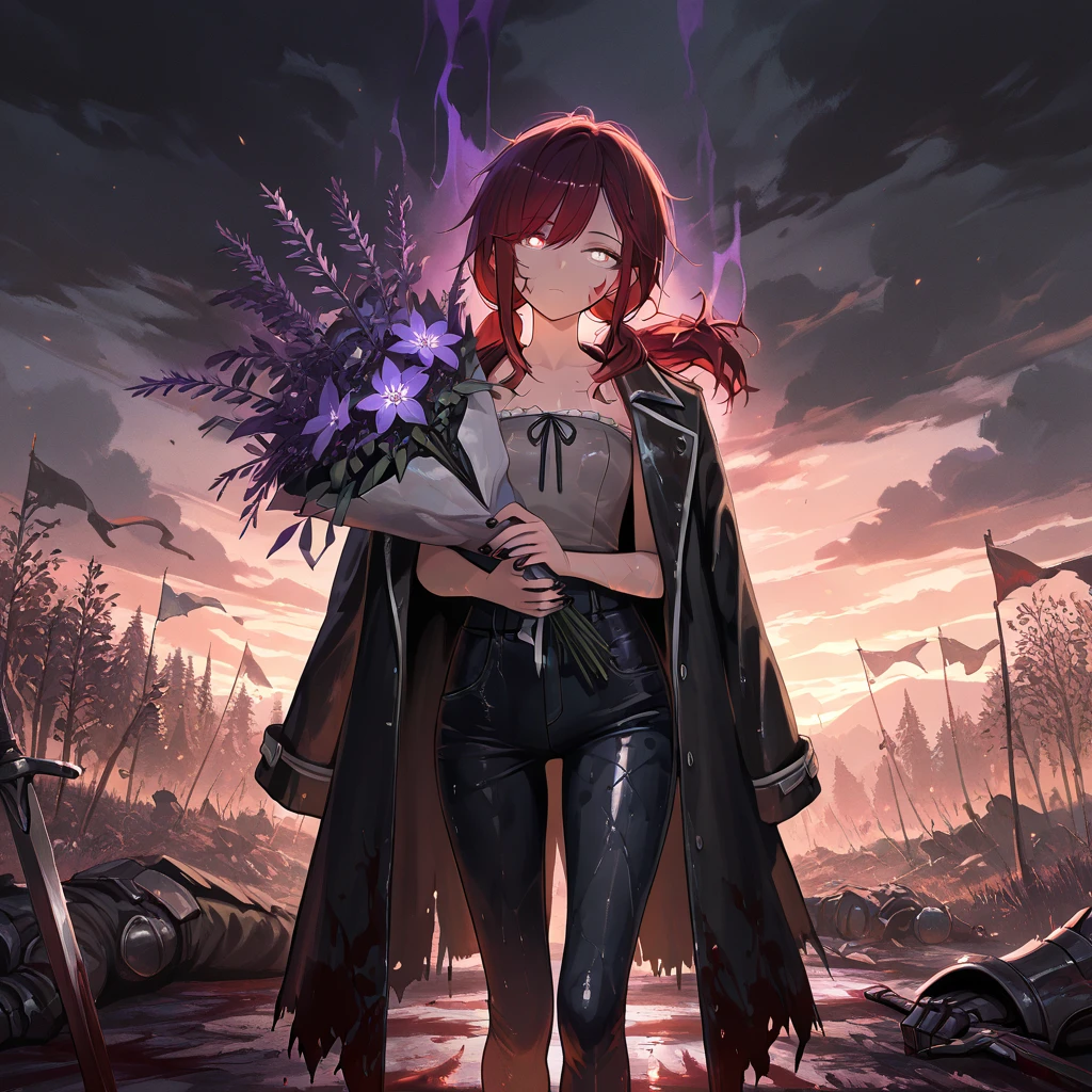 (masterpiece:1.2, Best Quality), (finely detailed beautiful eye: 1.2), (beautiful detailed face), (masterpiece:1.2, Best Quality), (finely detailed beautiful eye: 1.2), (beautiful detailed face), solo, close up, dark aura, dark energy, bristly hair, ((glowing eyes)), dark aura, shadowy aura, thin girl, holding bouquet of purple flowers, expressionless, :l, Gray eyes, lifeless eyes, blood on face, blood on clothes, head tilt, dark red hair, swept bangs, low twin tails, white ribbons, strapless sleeveless shirt, gray shirt, shirt with white trim, frill trim, black coat worn over shoulders, black jeans, black nails, thin thighs, thin legs, dusk, willow tree leaves, close up, messy hair, stoic, shadowy aura, battlefield, dusk, few stars, dark clouds, puddles, wet clothes, wet skin, wet hair, blood splatters, flags, swords, smoke, walking over dead armored men, s, blood splatters, stars, charred wasteland,
