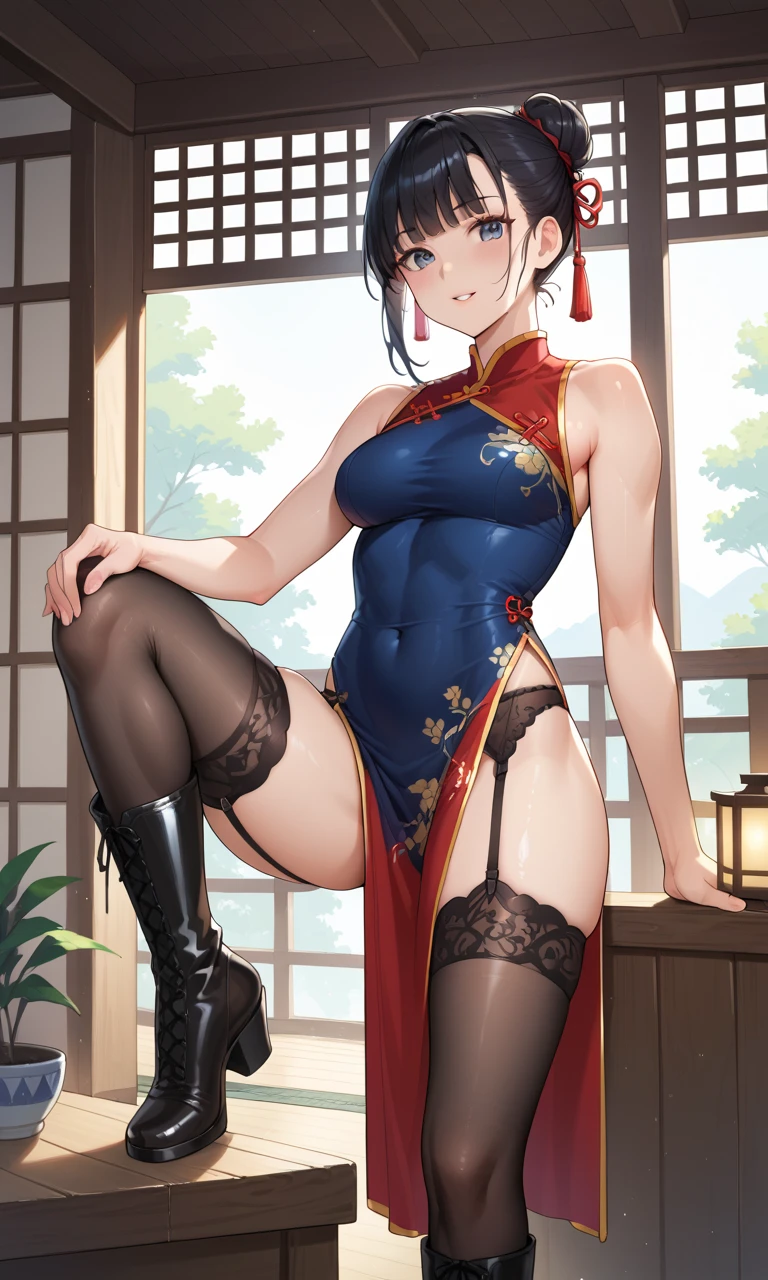 (masterpiece、highest quality)、(Photorealistic:1.4)、 Mature Woman, Beautiful thighs、Front view、1 girl、30 years old、Perfect Face、Symmetrical cute face、(Bun Hair、Black Hair)、Big eyes、Long eyelashes、((expensive))、Beautiful Hair、Beautiful Face、Beautiful and beautiful eyes、Perfect Proportions、Beautiful breasts、Beautiful feet、Beautiful fingers、((High quality fabric、Blue Chinese Dress、Skirt flip))、(To the hospital)、Are standing、 (smile), (((Skirt lift with both hands、Panties and pantyhose are visible)))