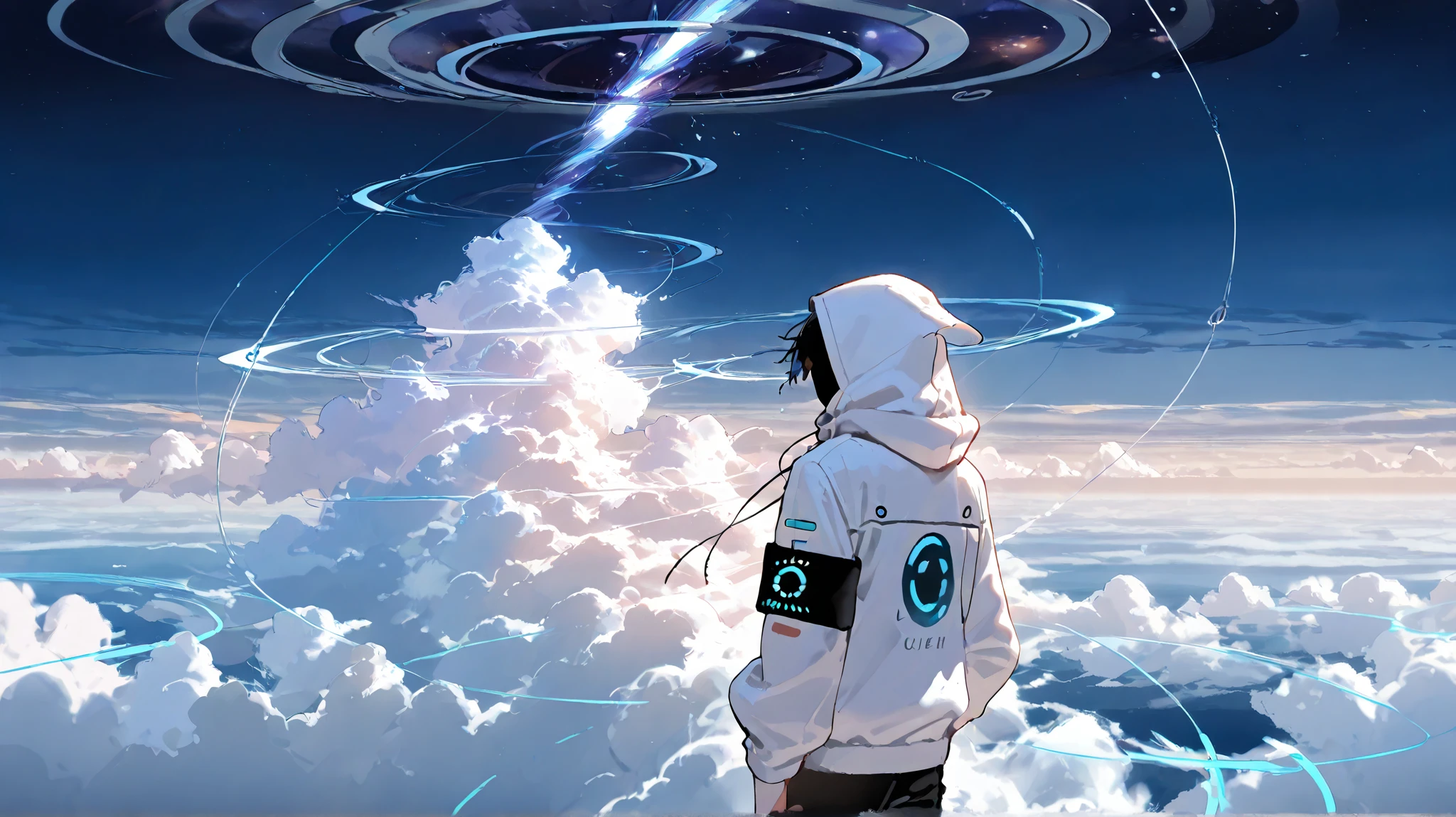 1 person, 18 years old, No face, Facing you, white hoodie, Hooded, with superpowers , horizon , turning back, cloudy background , orbital space, flowing around clouds , Cloudman , flowing around clouds , In the middle of , Clear water , , a circular symbol that shines on the background of a tech wear jacket {x}, tech wear jacket
