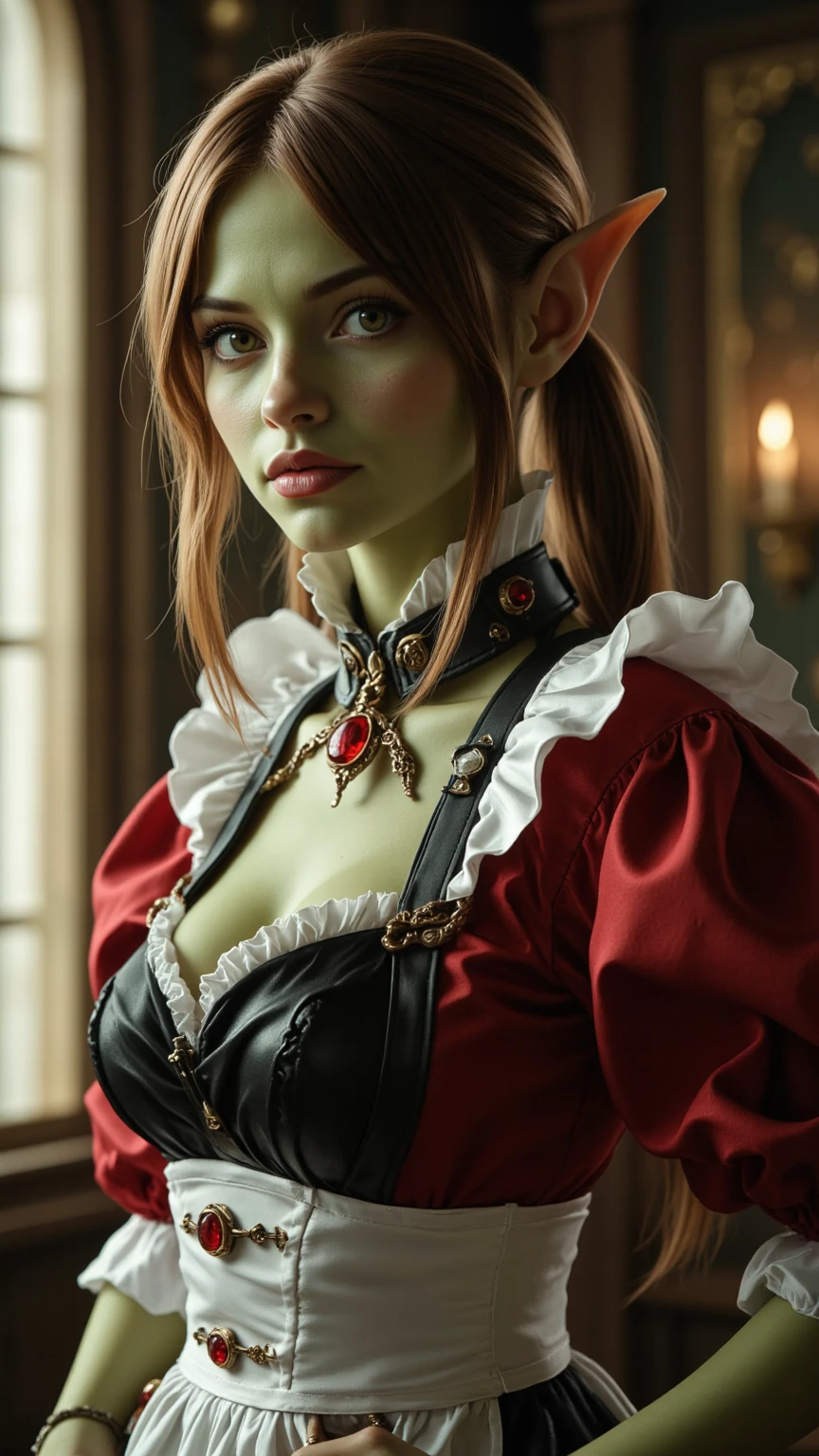 hyper realistic, 16k, best quality, masterpiece, (photorealistic:1.4), 1girl (alternative elf), Pretty young, Dream aesthetic, solo, red silky hair (realistic texture), pointed ears, realistic eyes, pale-green skin, illuminated skin, realistic shading, (modern) black gothic dress (realistic textures), big hips, tights. waist up, dramatic lighting, from below, front, front view, multiple different poses at different angles, glowing skin, front, back lighting, athletic figure, muscular female, curvy, wide hips, colorful, looking at viewer, Hyperrealistic, gradient background, dark background, outline, cinematic lighting, (chromatic aberration, intricate details)