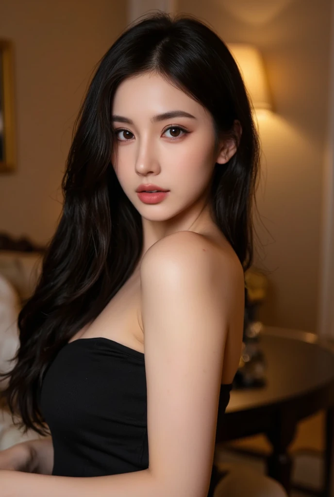 Photo of a realistic girl with long, flowing light hair, radiantly dressed in a beautiful sexy black dress featuring an elegant neckline and open shoulders. The background is beautifully lit with candles, creating a warm and inviting atmosphere. enhancing the detail and visual impact of this masterpiece.beauty face, detailed face