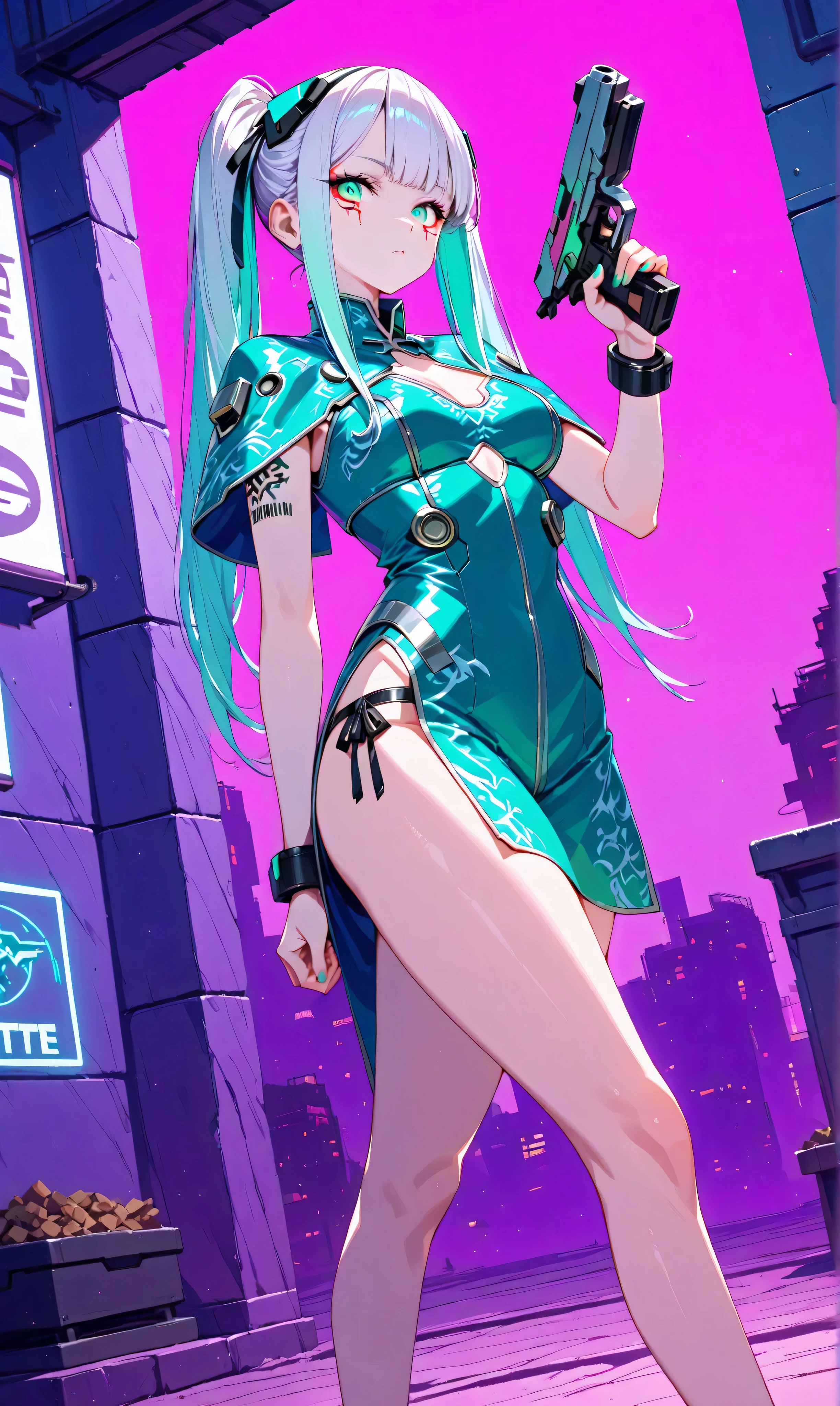 ((big、bullets envelop her. ))、girl with jet black twin tails tied with ribbons, wearing a teal colored china dress with silver decorations, Grab a pistol, Her opponent's bullets surround her with slow movements, Floating in a neon-lit cyberpunk back alley. (Cyberpunk Shootout:1.3)