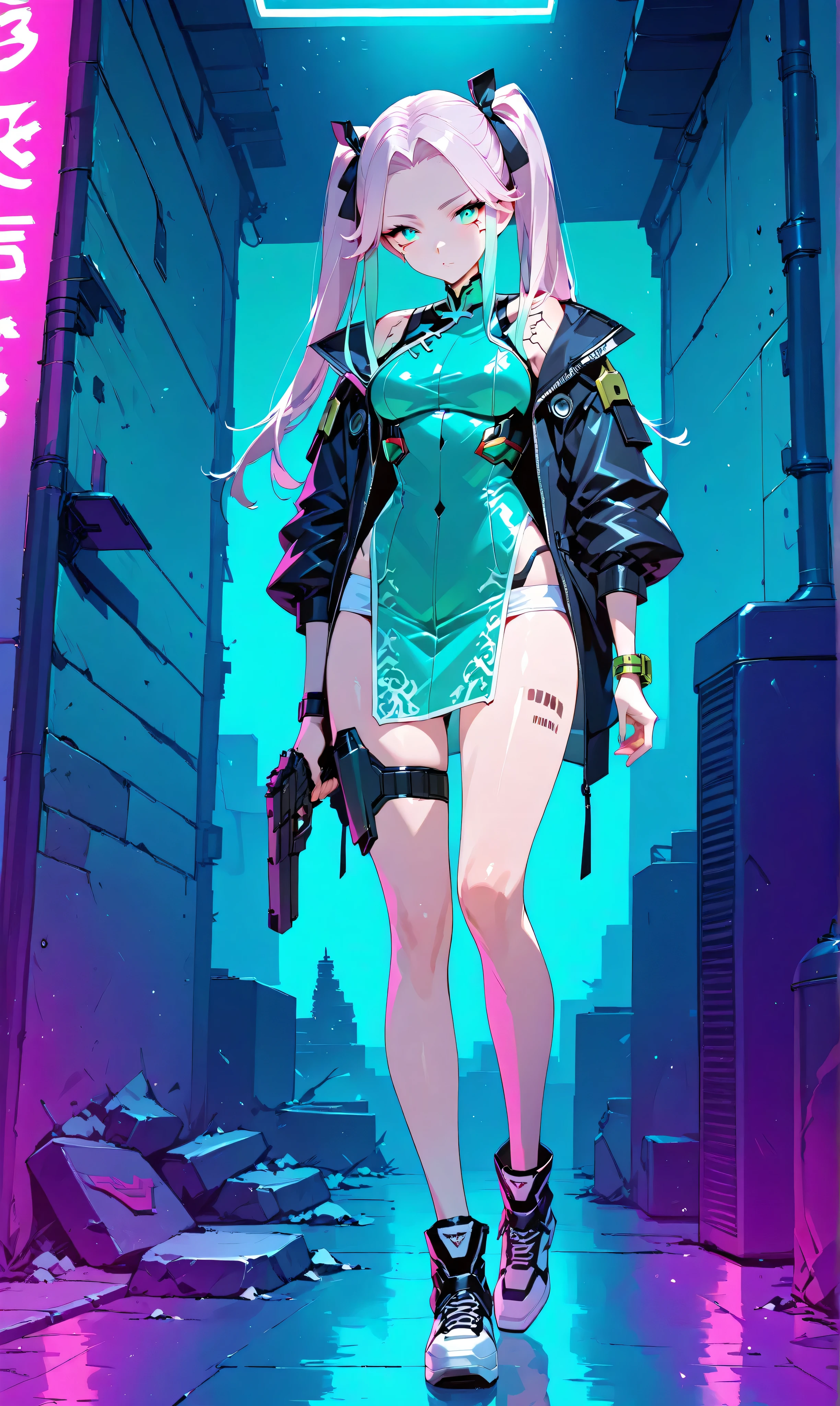 ((masterpiece,Highest quality:1.3)),cowboy shot,1woman,30 year old beauty,Investigator、独奏,((very small head:1.3)),green hair,(low ponytail),long hair,blunt bangs,green eyes,gorgeous eyes,medium breasts,((very long body:1.2)),((toned body,slender body,skinny)),gleaming skin,shiny skin,((Black leather bodysuit、Long sleeve,Micro Shorts))、barefoot、Black leather combat boots、Holding a handgun in your hand、standing,Metropolis、neon、cyber punk、World of Blade Runner、
