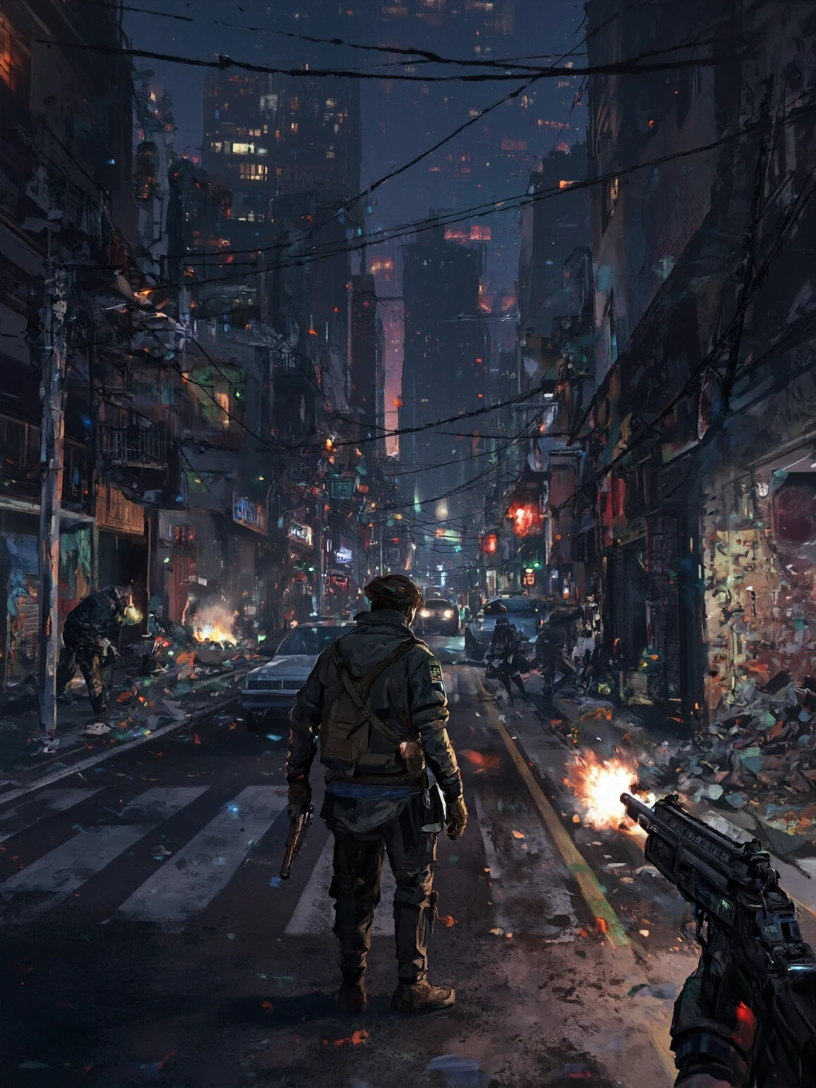 (high quality, 8k, 4K, high contrast, masterpiece: 1.2, 最high quality, best aesthetic), Shibuya crossing, post-apocalyptic, 1 man, focus, intense fight, fighting action pose, ((( Blur effect motion speed: 1.6))), destroyed Tokyo atmosphere, empty street scene, broken neon signs, depressing atmosphere, fast movement, ((motion blur on arms)), shadow assassin, assassinating an enemy , destroyed architecture, blood on the ground, less blood stained, evil energy, cinematic colors, dynamic settings, atmospheric perspective, epic lighting, (1vs1), (desenfundado).