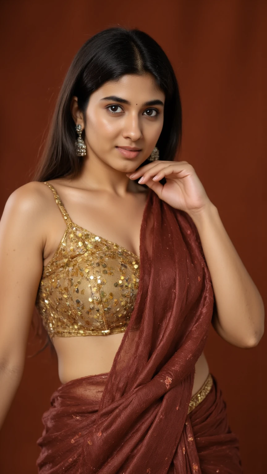 Indian woman masterpiece, best quality, ultra-detailed, (warm hue, warm tone: 1.2), wearing Adhesive Slicone , 20 years old, Indian instagram photo, wearing Sword belt closeup face photo of 23 y.o Chloe in kebaya, Red Lipstick, sensual Lipstick, Sensational Make Up, huge cleavage, huge breasts pale skin, (smile:0.4), hard shadows, White G-STRING, bright lighting