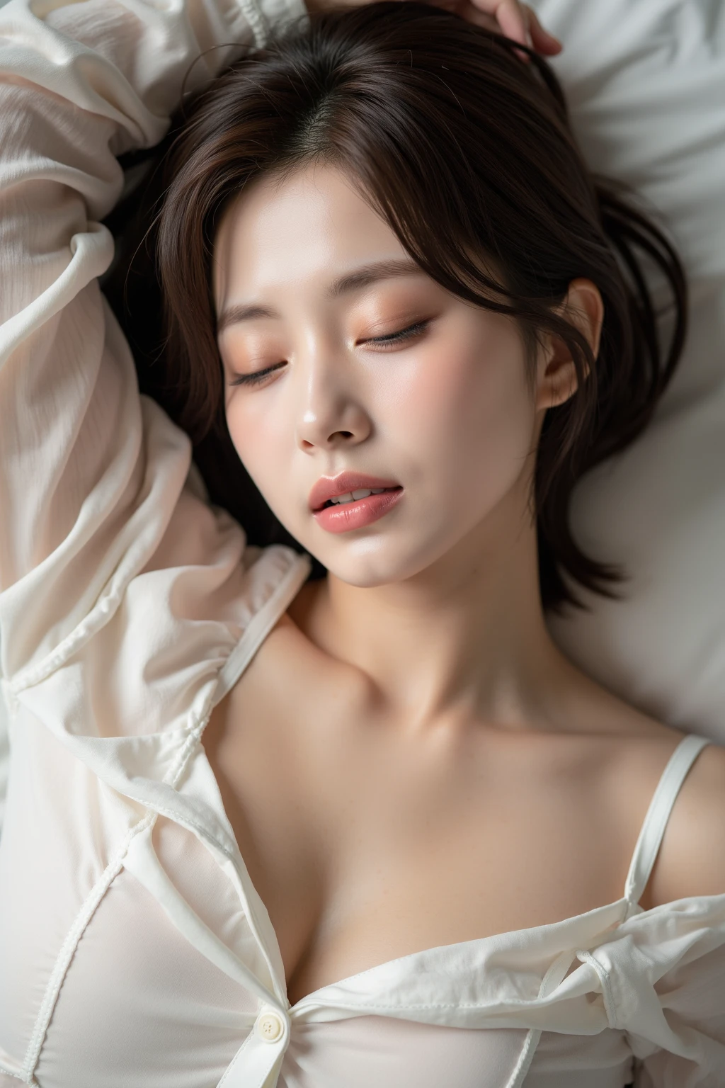 ((Highest quality、8K、masterpiece:1.3))、Sharp focus:1.2、Beautiful woman with perfect figure:1.4、Slim Abs:1.2、((Black medium bob hair、Big Breasts:1.2))、((shirt。shirt。shirt_On the bed。sleep。Lying on your back。close your eyes。sleep。Lying on your back。close your eyes。sleep。Lying on your back。close your eyes。sleep。Lying on your back。close your eyes。sleep。Lying on your back。close your eyes。sleep。Lying on your back。close your eyes。sleep。Lying on your back。close your eyes。sleep。Lying on your back。close your eyes。sleep))、Highly detailed face and skin texture、Fine particles、double eyelid。Makeup face。relax、Deep sleep、Mouth open、snoring、Drooling、🤤