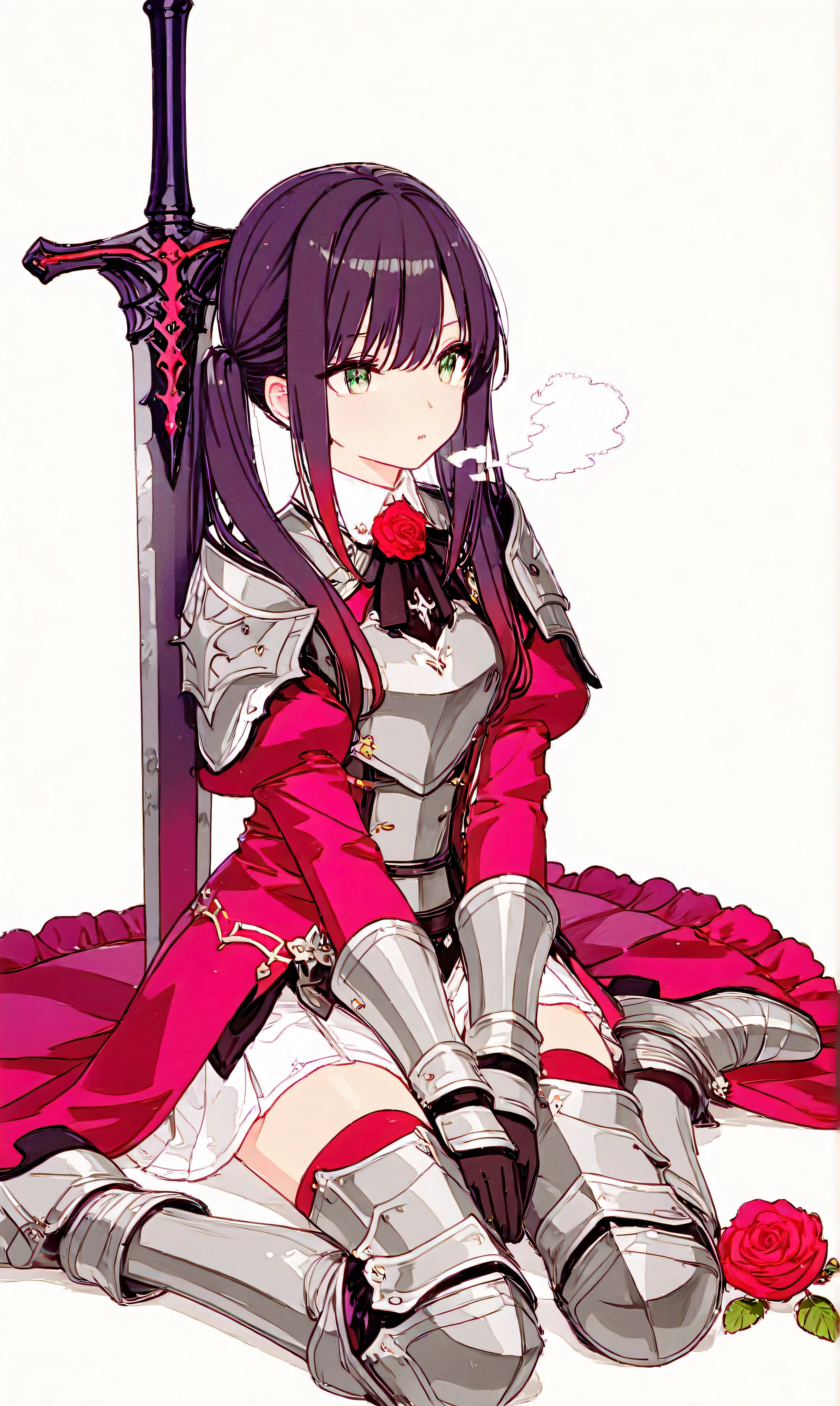 (watercolor:0.4)、( pastel :0.6)、 1 girl 、attach a bow to long, dark twin tails with thin red accents、A knight in a red rose uniform、 green eyes。sit on the ground in a relaxed position with your sword by your side、Take a deep breath。Red roses and dim air scattered across the battlefield。Simple white background that makes the character stand out。