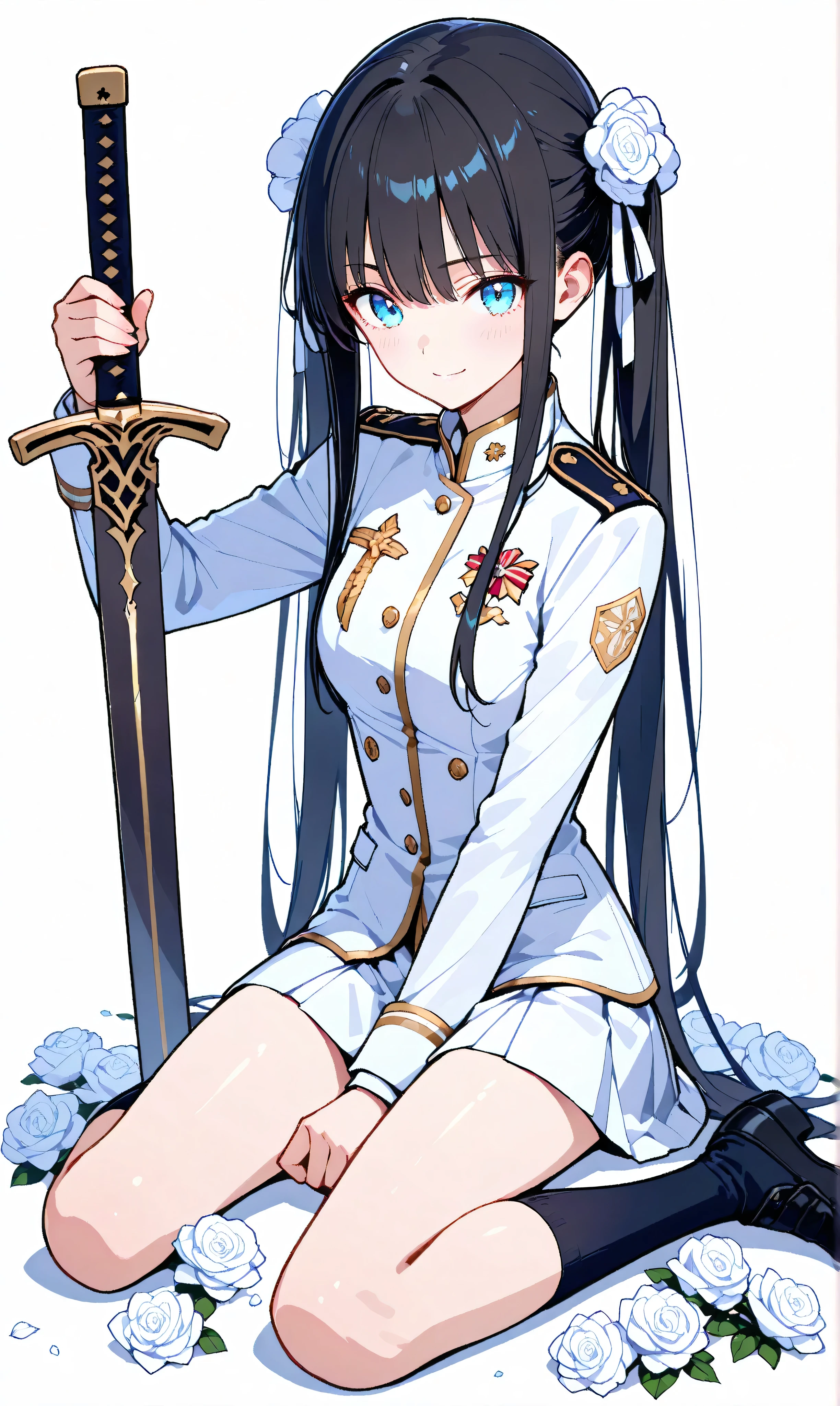 (watercolor:0.4)、( pastel :0.6)、 1 dead girl 、Long black hair in twin tails、attaching a ribbon to a pale white highlight、knight in military uniform scattered with white roses、blue eyes。expression sitting on the ground and putting his sword aside、trying to stand up with a small smile。White roses scattered、a battlefield illuminated by the sun、it makes me feel hopeful。、 New Beginning 。Simple white background that makes the character stand out。