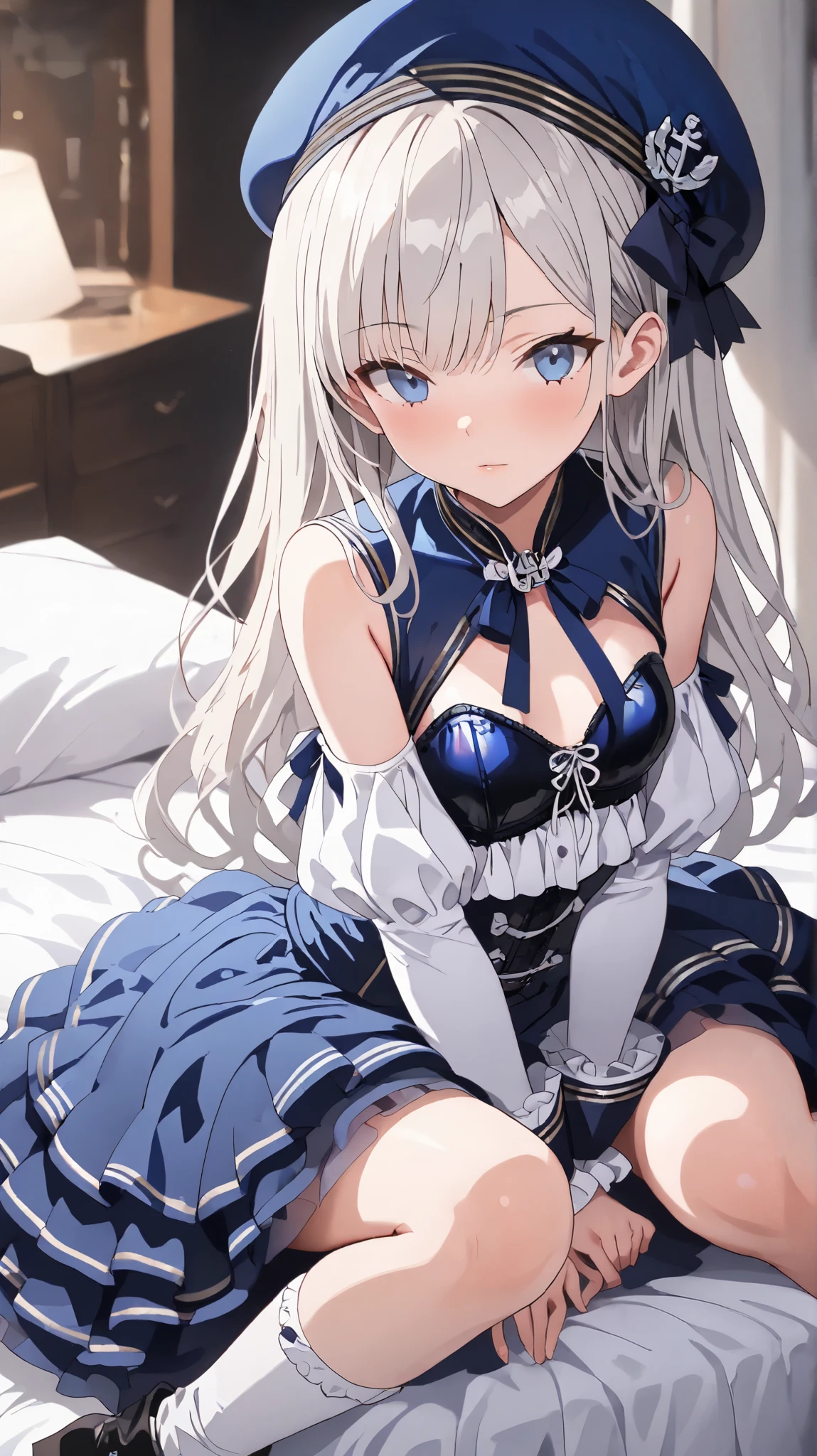 Lazy wind,wide blue eyes,White hair,Dull hair,Beast-eared maiden,White tones,sitted,1girll,Solo,adolable,white dresses,Big hazy eyes,Facial details are exquisite,Beth,onbed,Impeccable,Cute pose,Plush cat's paw gloves,Shy laugh,The complexion is reddish