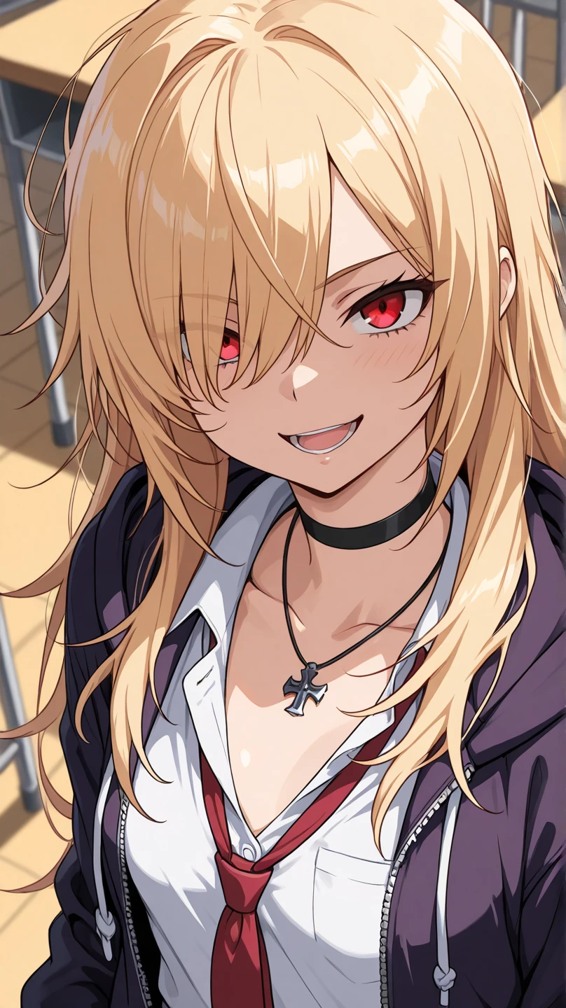 (masterpiece)、(absurdres)、(ultra detailed),Crazy Eyes、despair、Dark Side、closed mouth,Blood droplets、darkness,Blood pool space、Blood dripping background:1.3、(solo lady)、(blonde hair:1.0)、(shiny red eyes:1.1)、(highponytail:0.9)、(a little red libbon:0.8)、(long hair:0.7)、(big breast:0.8)、(fantsy blue blazer)、lying bloody,smile,half-closed eyes,open mouth,