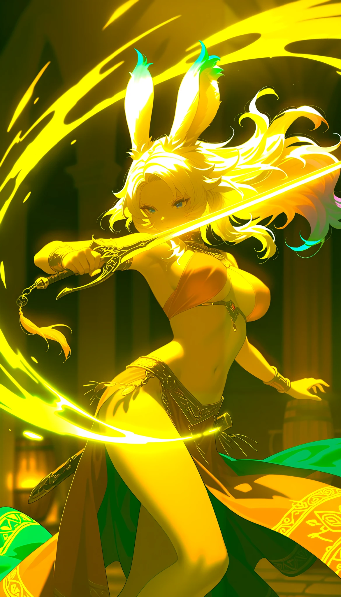 ((sword))In the palm of your hand,A swordsman going into battle,She is dressed as a Viera female dancer.,(holding a sword),illustration for both eyes,animation,The swordsman dressed up in women's clothing to catch the enemy off guard, beautiful and cool ,neutral facial features,Empty Wine Barrel,Dancer Outfit: details,wide color range,colorful,rendering,colorful,Cast colorful spells,Battle scene effects to liven up battles,Focus on the swordsman,Fighting with a sword:Metal Reflection:Straight blade:sword,top quality,best masterpiece,complex details,flash,very flash, Beautiful Light and Shadow ,rendering, zentangle elements, Wind Effect ,masterpiece,best masterpiece,Carefully and boldly,dynamic,Cowboy Shooting
