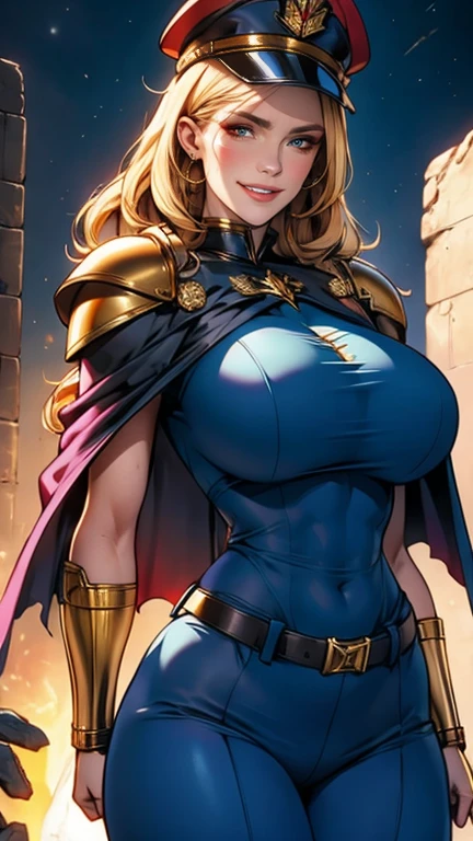 long blonde hair, colored skin, brown skin, blue eyes, solo, smiling, standing, upper body, hips, gigantic breasts, black clothes, cleavage