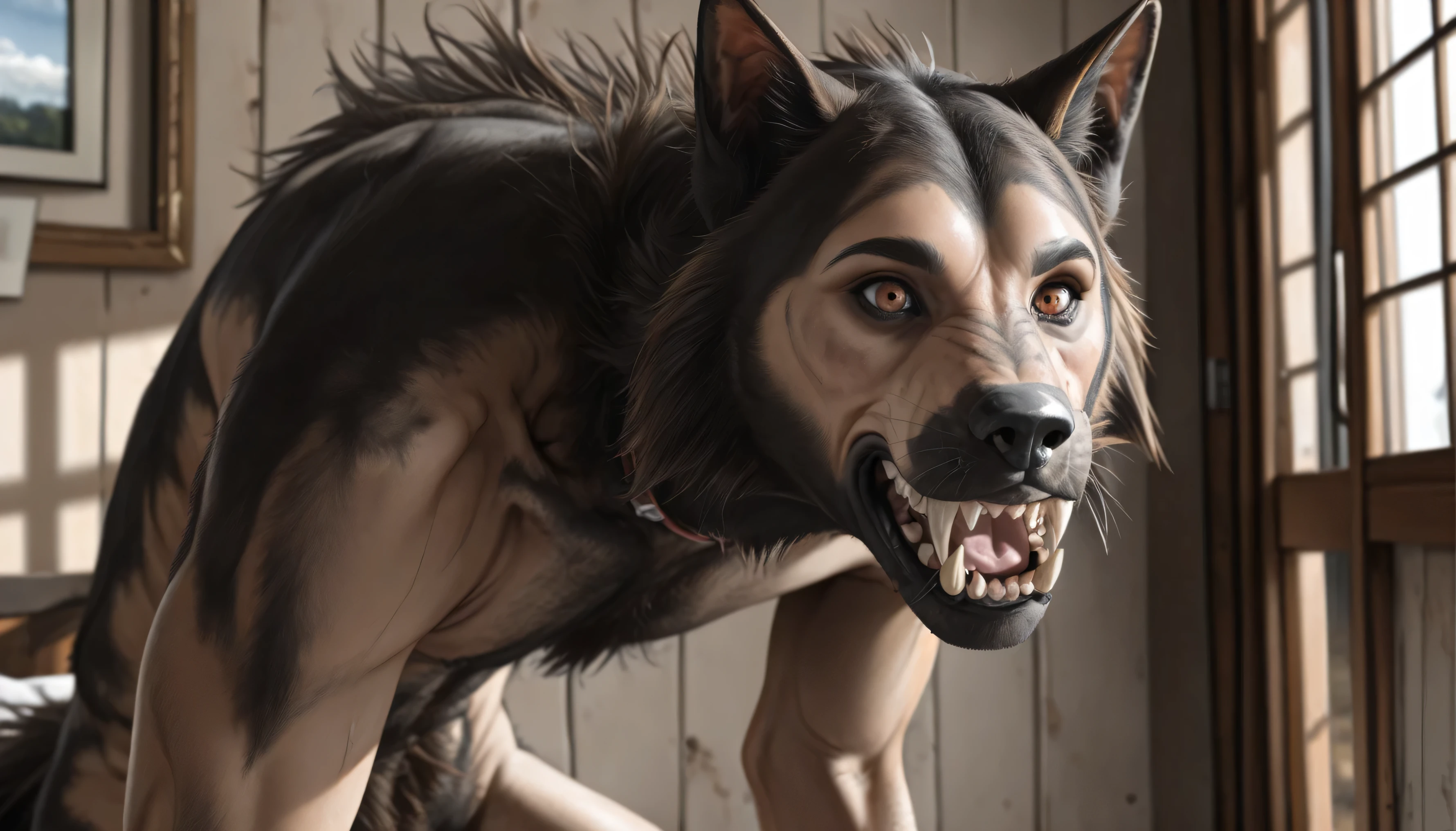 Spine, view from back:1.3, Werewolf transformation, human, [werewolf: human:0.7], [arms: paws:0.7], fangs:0.8, female, [red human skin: fur: 0.5], [human face: snout:0.5], wolf nose, detailed fur, gradual fur, spread, shaking:1.1, crying, sweating, drooling:1.2, in pain:0.8, scared:0.8, confused:0.8, torn clothes:1.1, thick fingers through, deep night, ((darkness, dramatic moonlight, night)), abandoned cabin, scraps around, clothes scraps,((Ultra-detailed, Realistic, Photorealistic, photo-realistic:1.37), 4k, 8k, RAW, HDR, UHD, Canon EOS P3, Canon EOS R3, 85mm f/1.4, 15mm, 35mm, award winning photo, 80mm, f2.8, high resolution, hd, full colour, 4k, high definition, 3 point lighting, sharp focus, smooth, Professional, cinematic, extreme detail, (high detail:1.4) description, masterpiece, deep shades, best quality,))