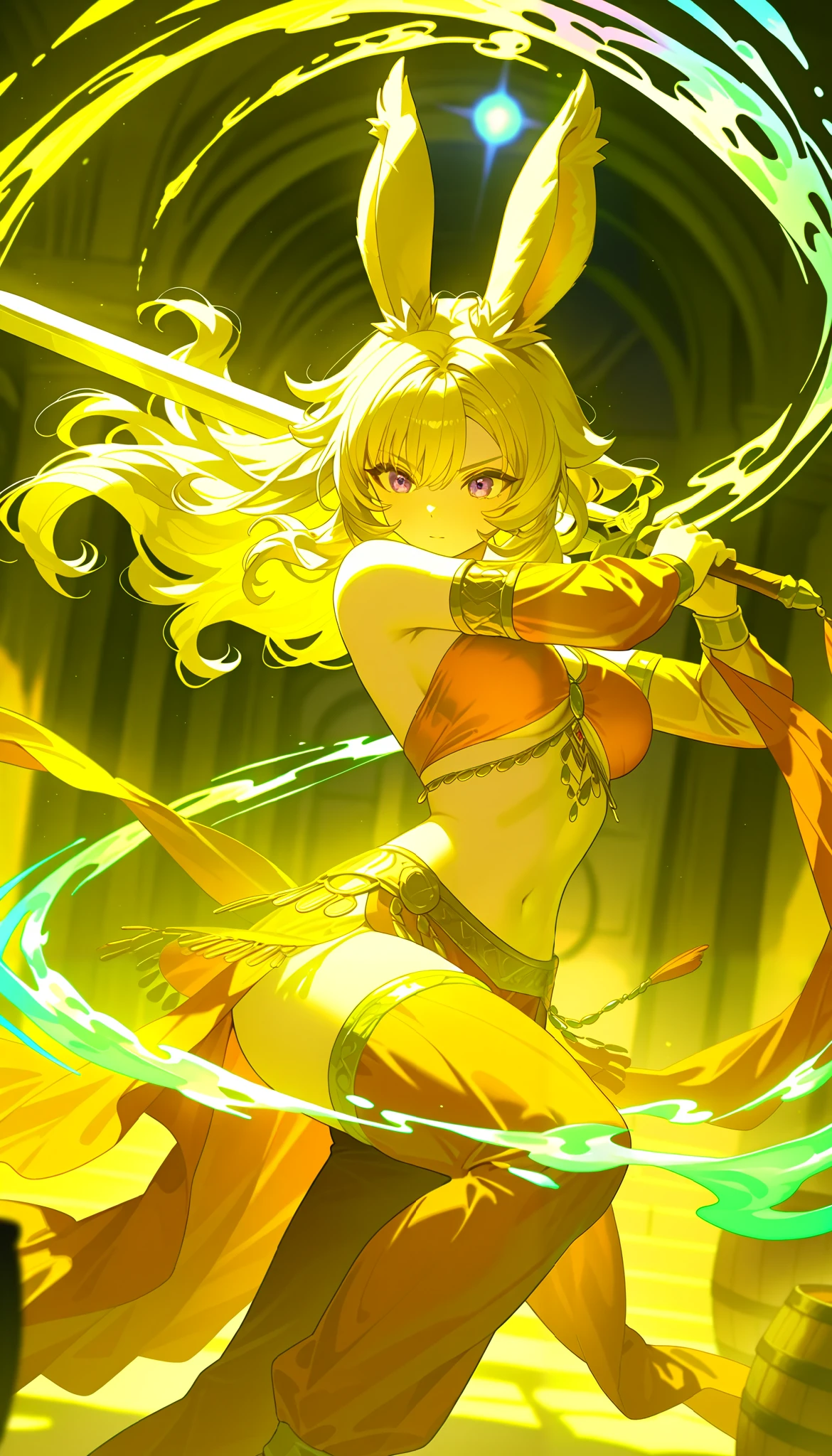 ((sword))In the palm of your hand,A swordsman going into battle,She is dressed as a Viera female dancer.,(holding a sword),illustration for both eyes,animation,The swordsman dressed up in women's clothing to catch the enemy off guard, beautiful and cool ,neutral facial features,Empty Wine Barrel,Dancer Outfit: details,wide color range,colorful,rendering,colorful,Cast colorful spells,Battle scene effects to liven up battles,Focus on the swordsman,Fighting with a sword:Metal Reflection:Straight blade:sword,top quality,best masterpiece,complex details,flash,very flash, Beautiful Light and Shadow ,rendering, zentangle elements, Wind Effect ,masterpiece,best masterpiece,Carefully and boldly,dynamic,Cowboy Shooting