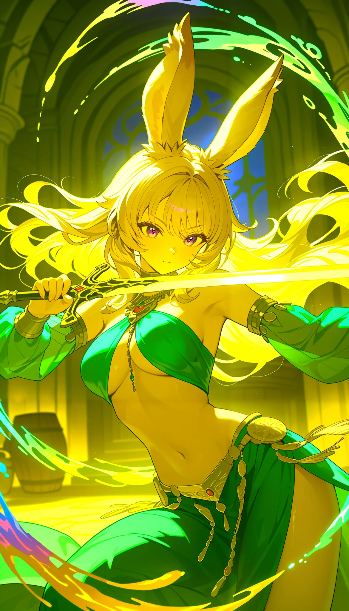 ((sword))In the palm of your hand,A swordsman going into battle,She is dressed as a Viera female dancer.,(holding a sword),illustration for both eyes,animation,The swordsman dressed up in women's clothing to catch the enemy off guard, beautiful and cool ,neutral facial features,Empty Wine Barrel,Dancer Outfit: details,wide color range,colorful,rendering,colorful,Cast colorful spells,Battle scene effects to liven up battles,Focus on the swordsman,Fighting with a sword:Metal Reflection:Straight blade:sword,top quality,best masterpiece,complex details,flash,very flash, Beautiful Light and Shadow ,rendering, zentangle elements, Wind Effect ,masterpiece,best masterpiece,Carefully and boldly,dynamic,Cowboy Shooting
